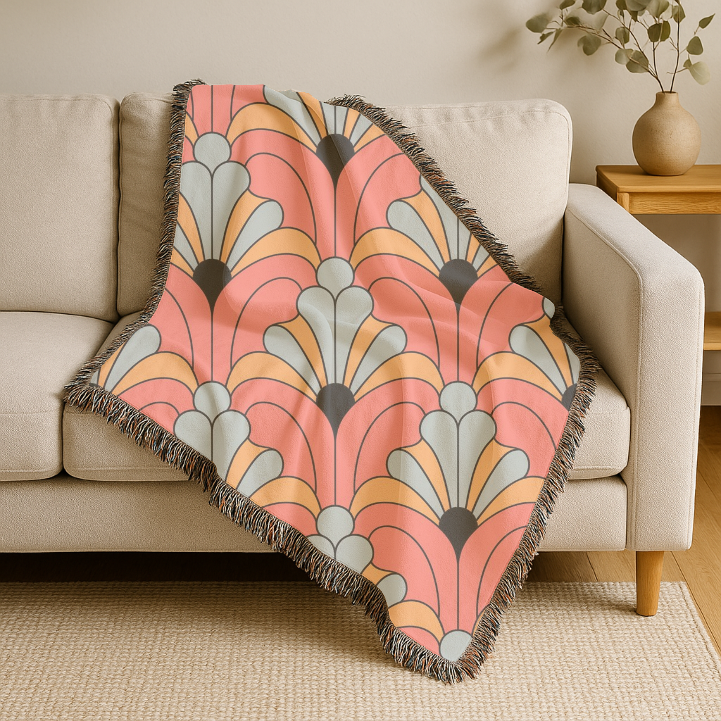 🧡 Groovy Fan Throw — 1960s Mod Scallop Woven Blanket