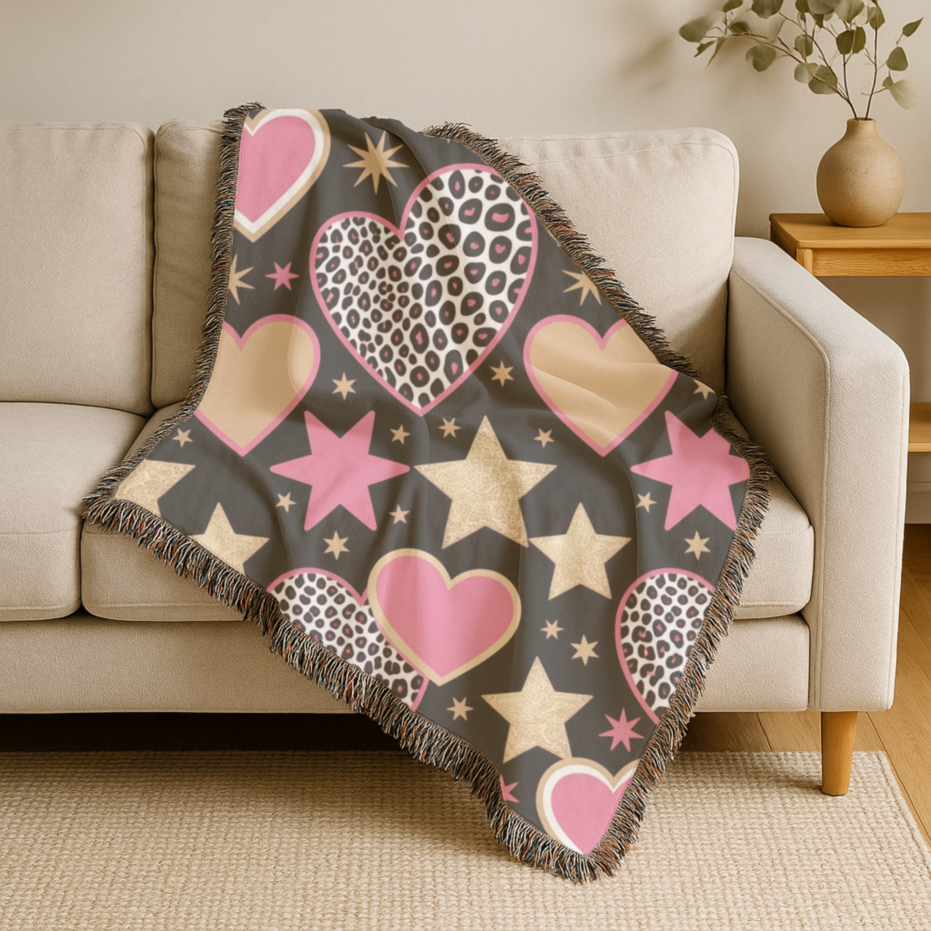 Girl Power Throw — 1990s Leopard Heart & Star Woven Blanket