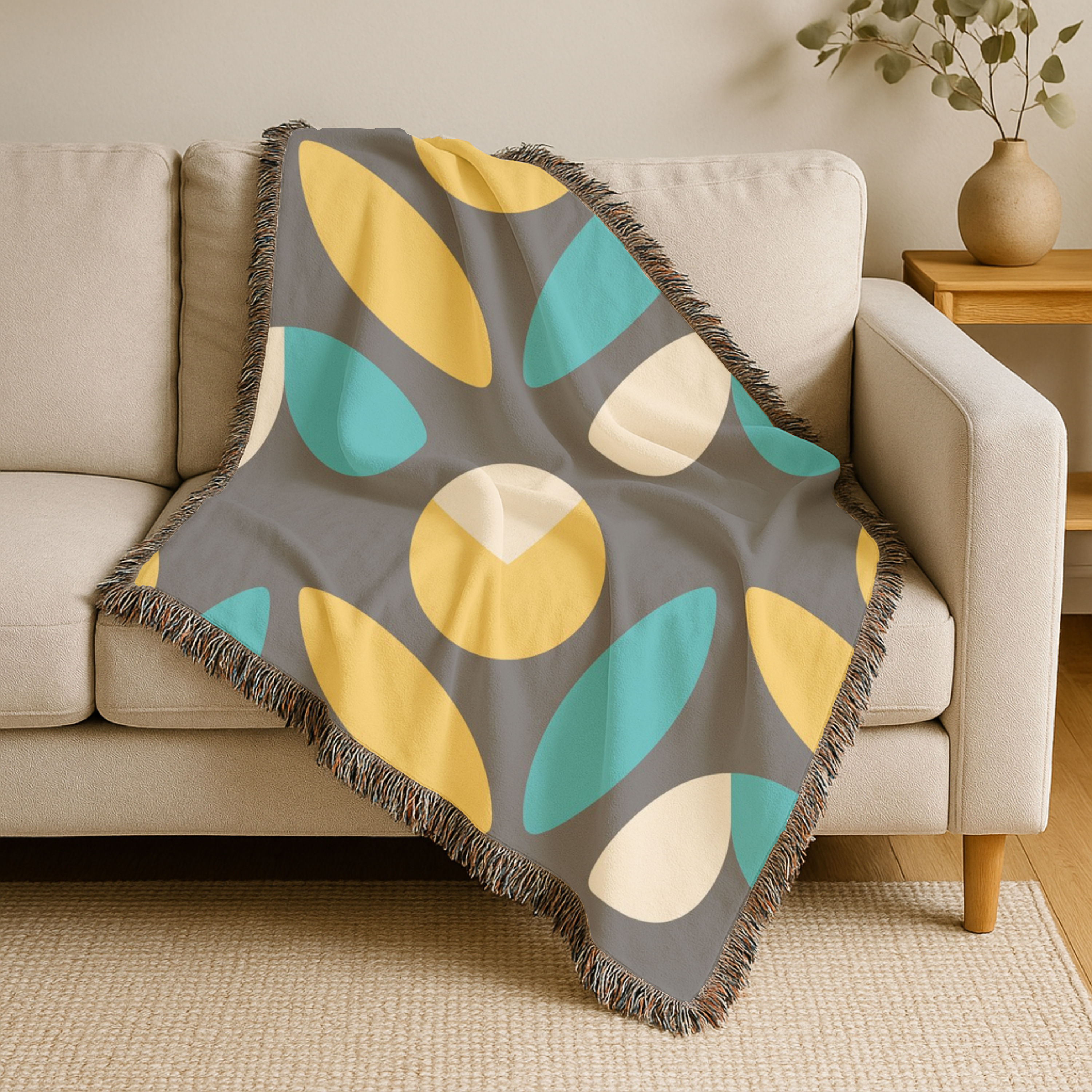 Mod Petal Throw — 1960s Geometric Botanical Woven Blanket
