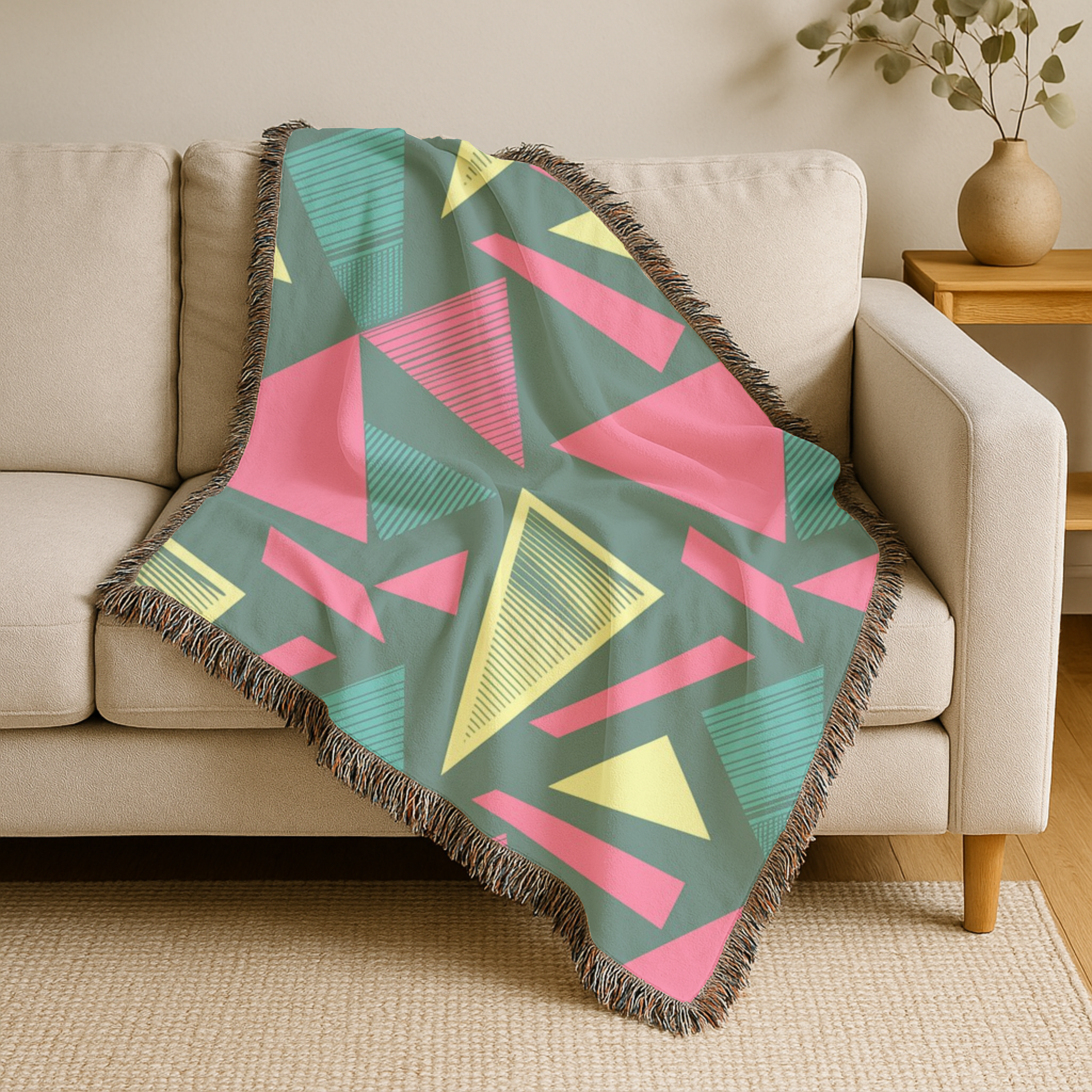 Neon Triangle Throw — 1980s Memphis Geometric Woven Blanket