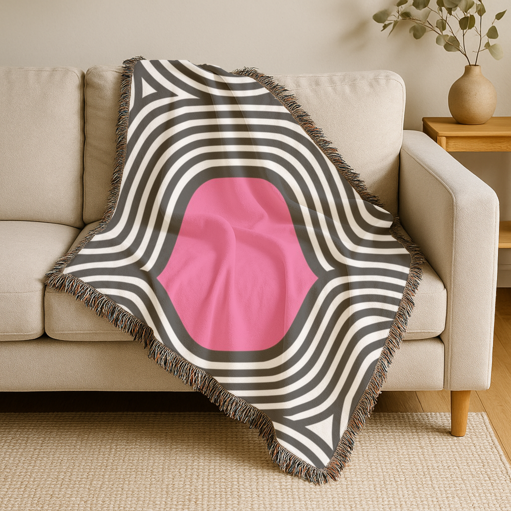 🩷 Pink Vortex Throw — 1960s Op Art Woven Blanket
