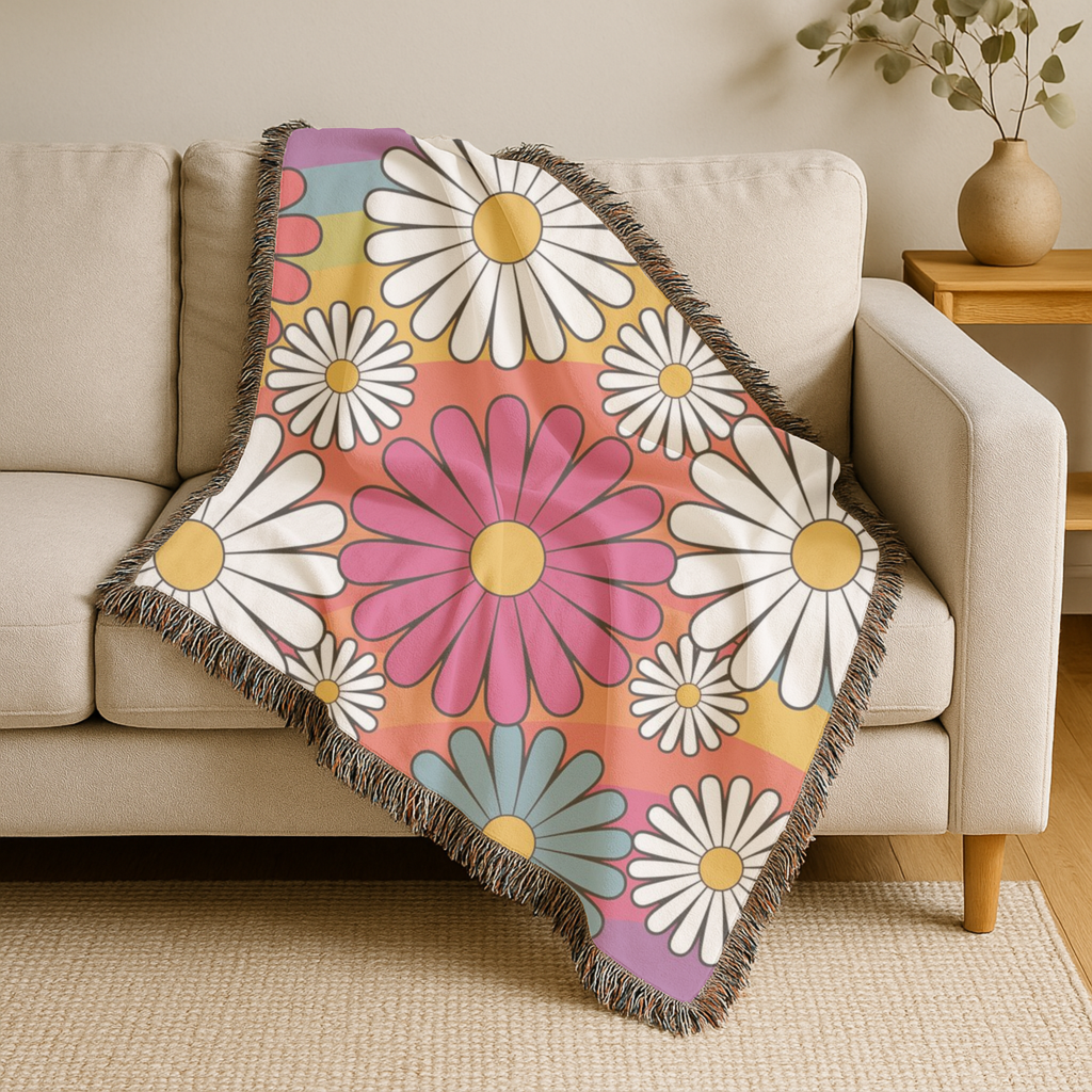 🌈  Over The Rainbow Throw — 1960s Flower Power Woven Blanket