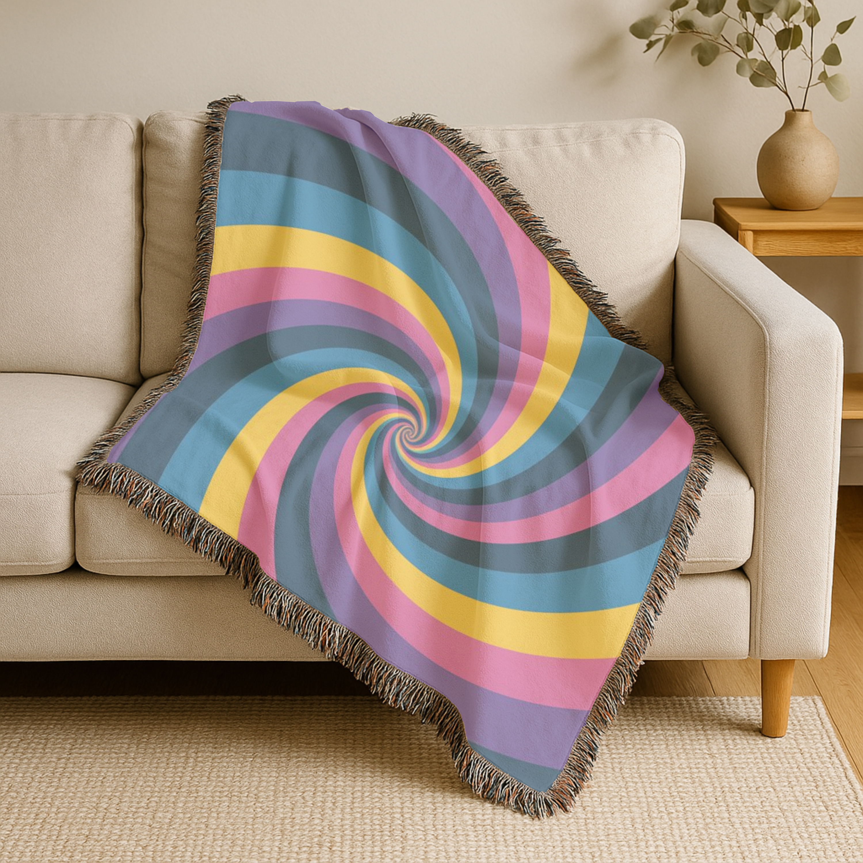 Hypnotic Throw — 1990s Psychedelic Swirl Woven Blanket