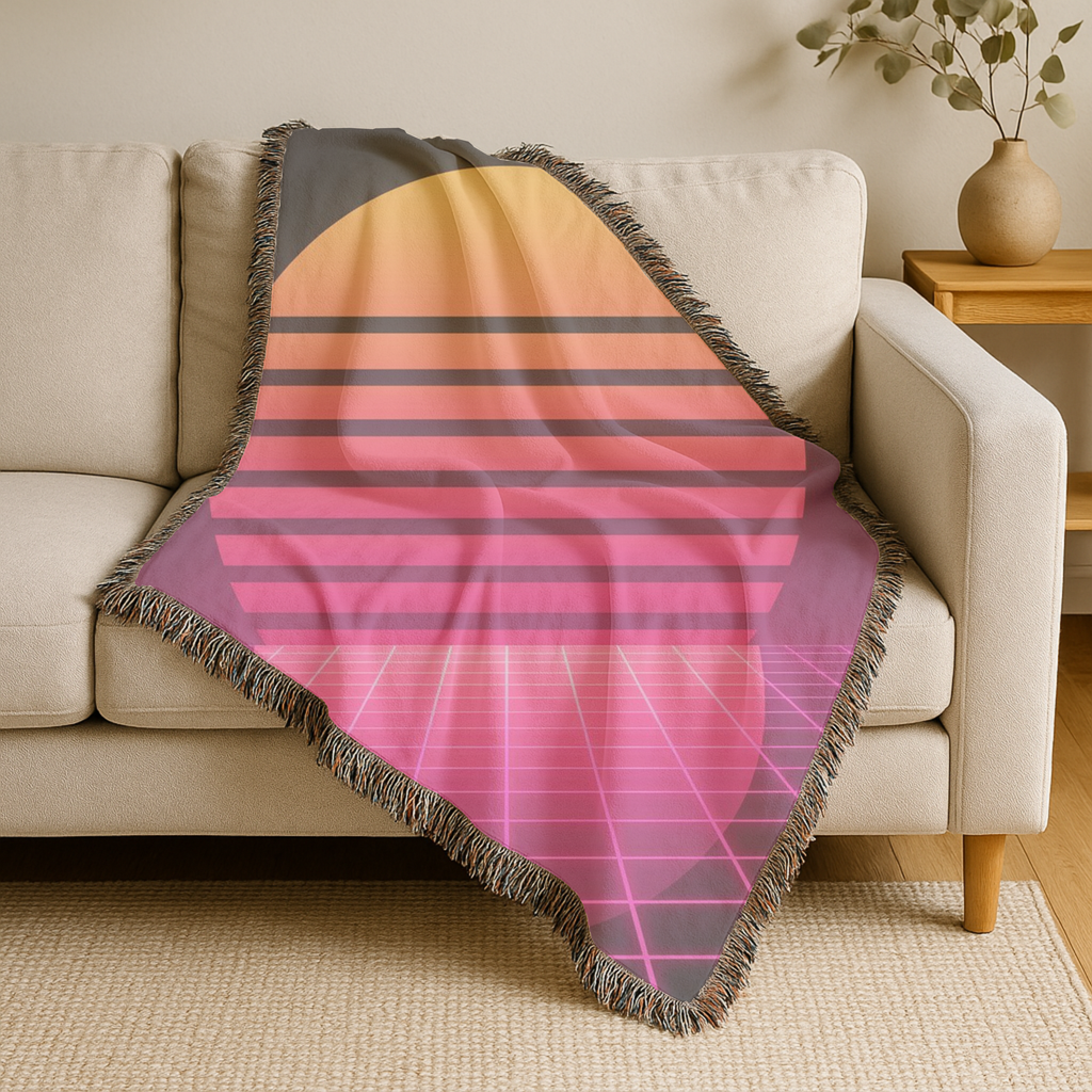 Retrowave Throw — 1980s Synthwave Sunset Woven Blanket