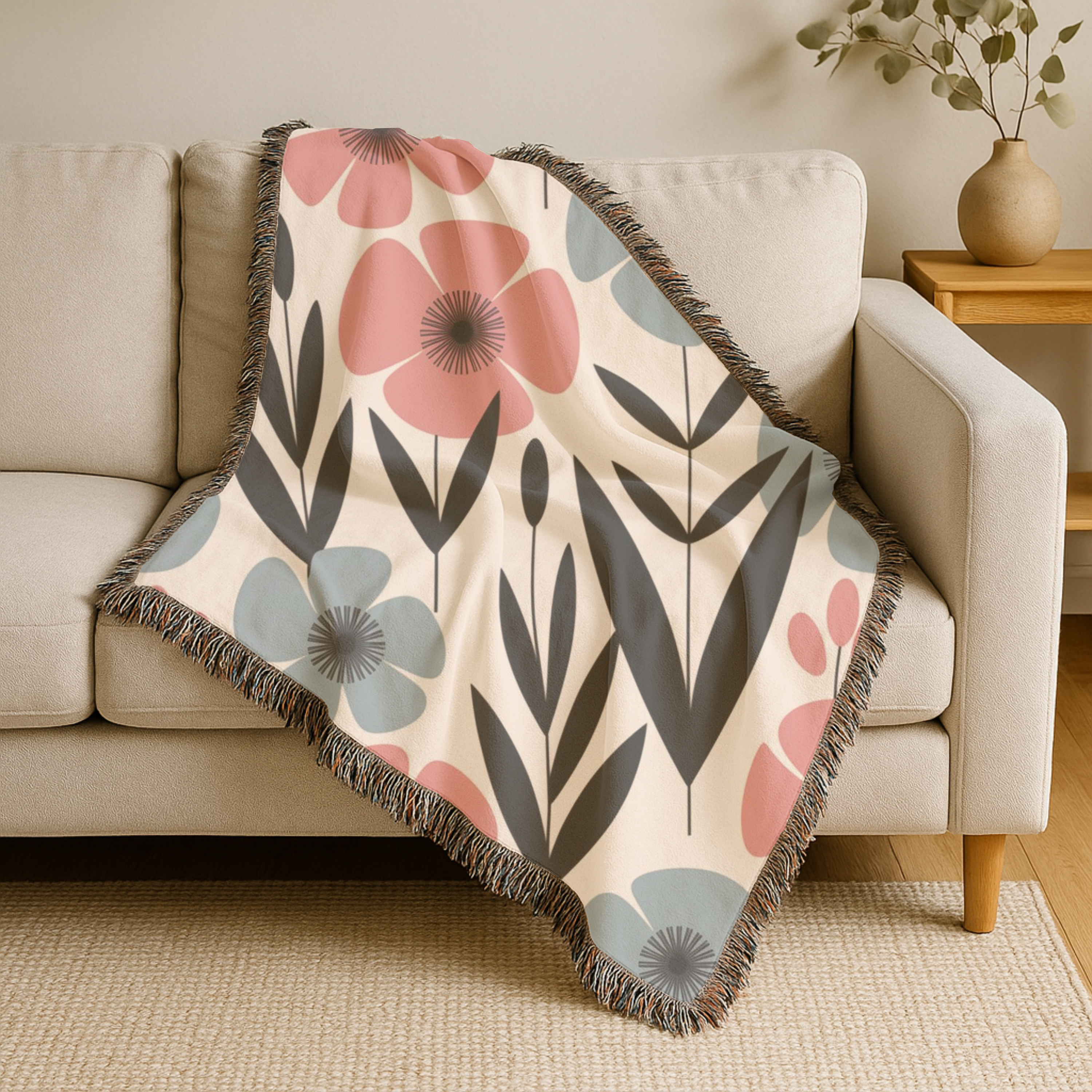 🌸 Nordic Bloom Throw — 1950s Scandinavian Floral Woven Blanket