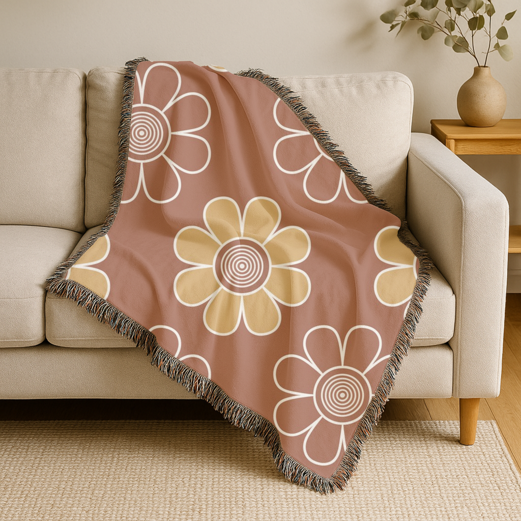 Spiral Daisy Throw — 1970s Retro Outline Woven Blanket
