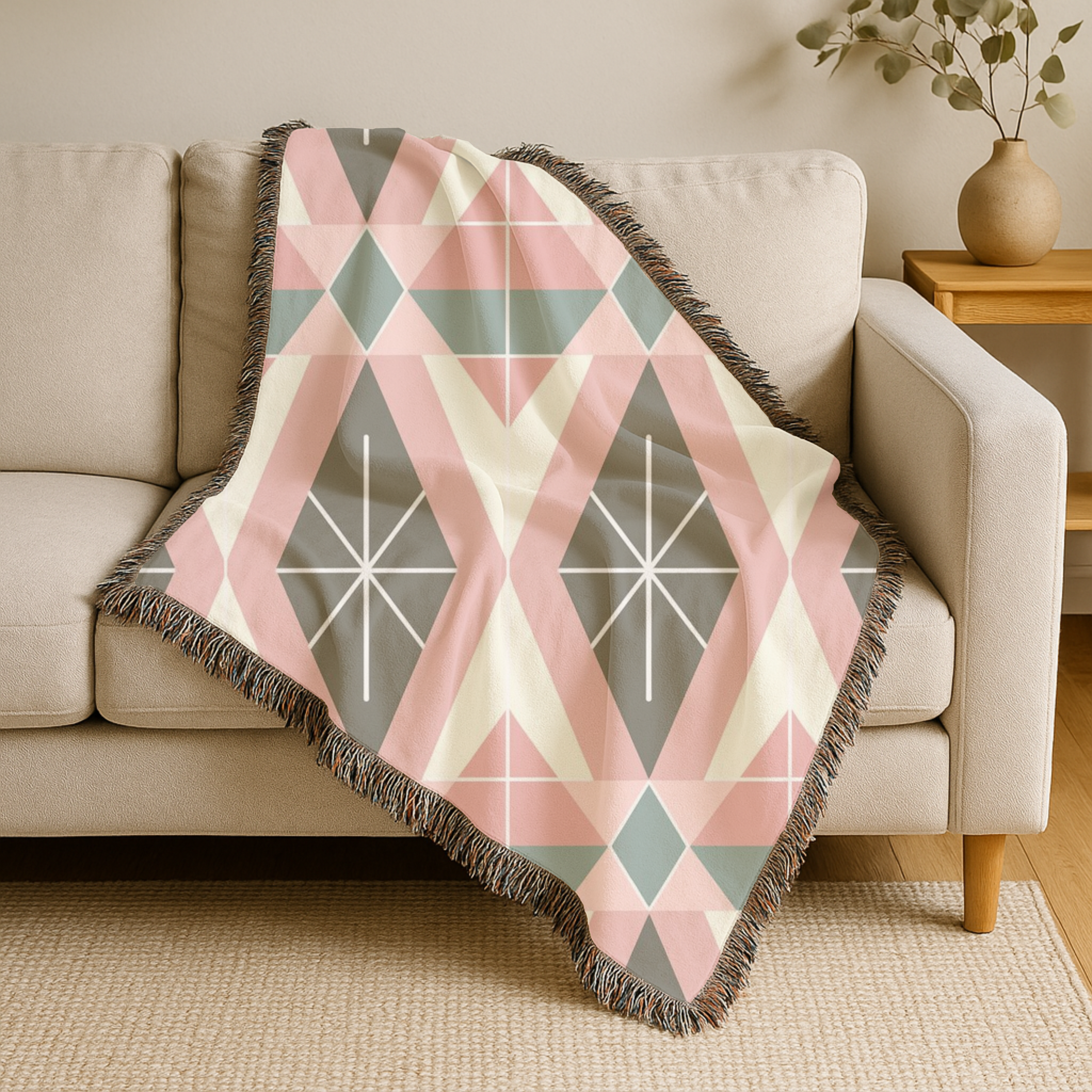 Prism Geo Throw — 1980s Pastel Geometric Woven Blanket
