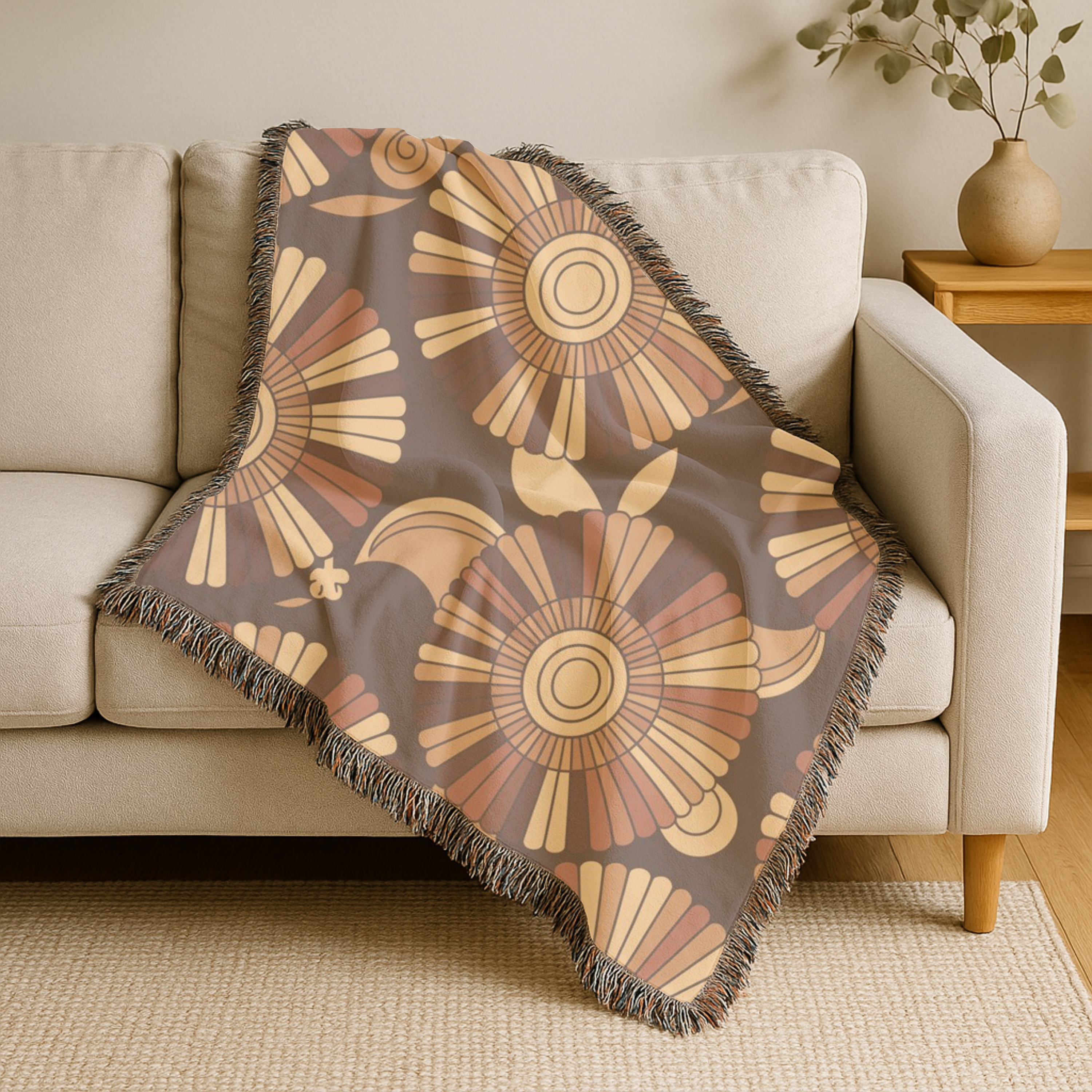 🌻  Tawny Bloom Throw — 1970s Art Nouveau Woven Blanket