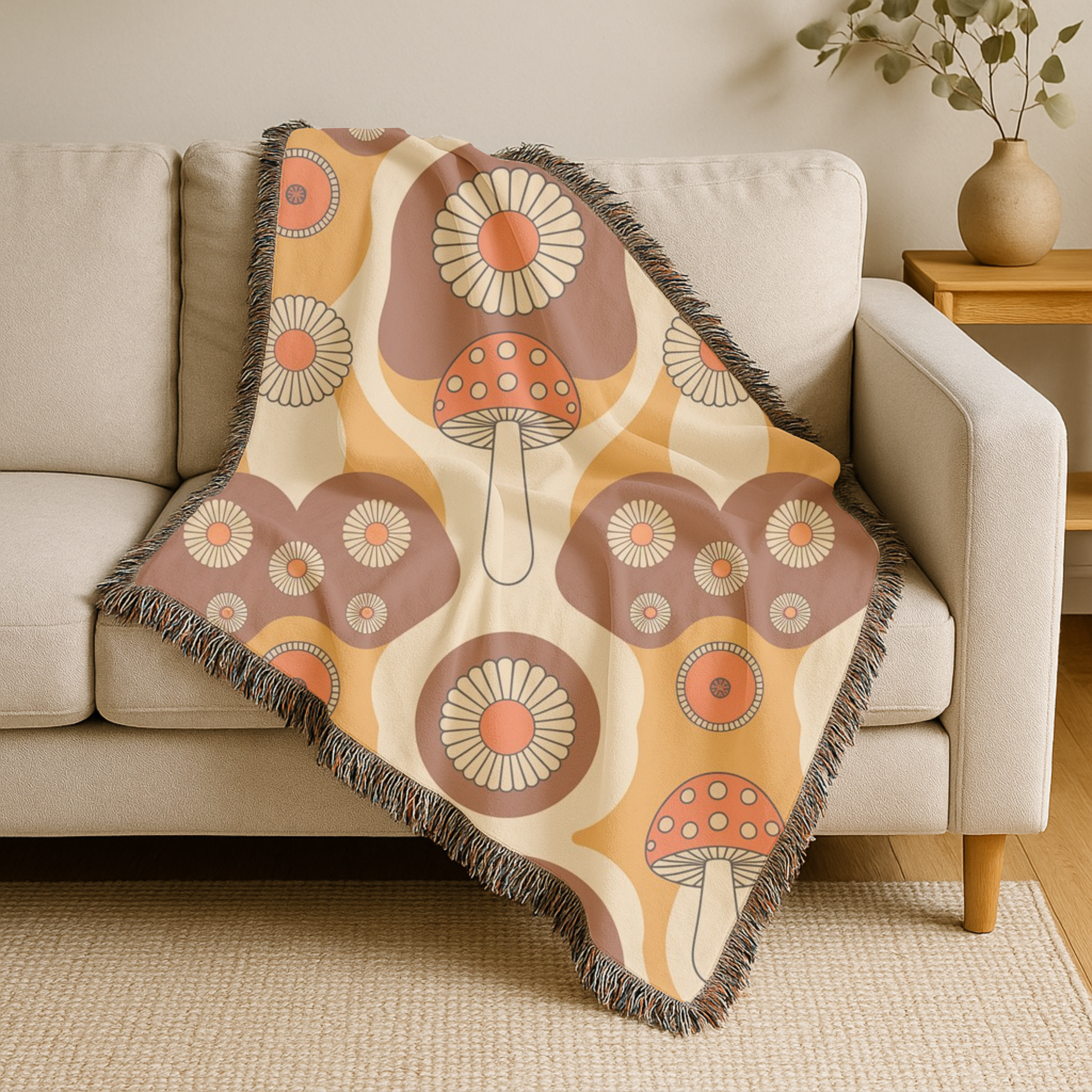 Mushroom Garden Throw — 1970s Retro Fungi Woven Blanket
