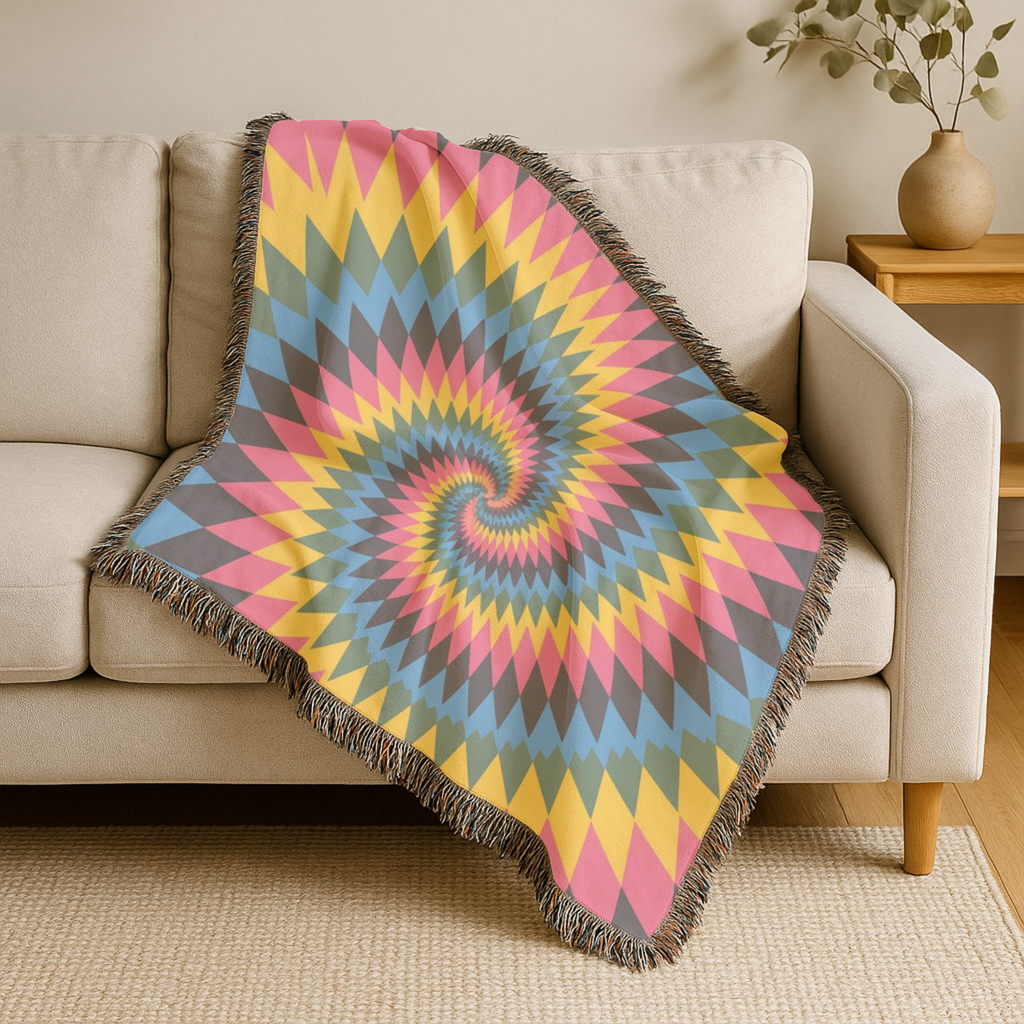 Spectrum Throw — 1990s Rainbow Spiral Woven Blanket
