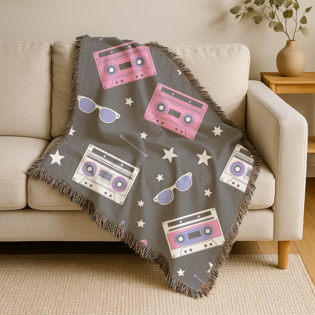 Mixtape Throw — 1980s Boombox & Cassette Woven Blanket