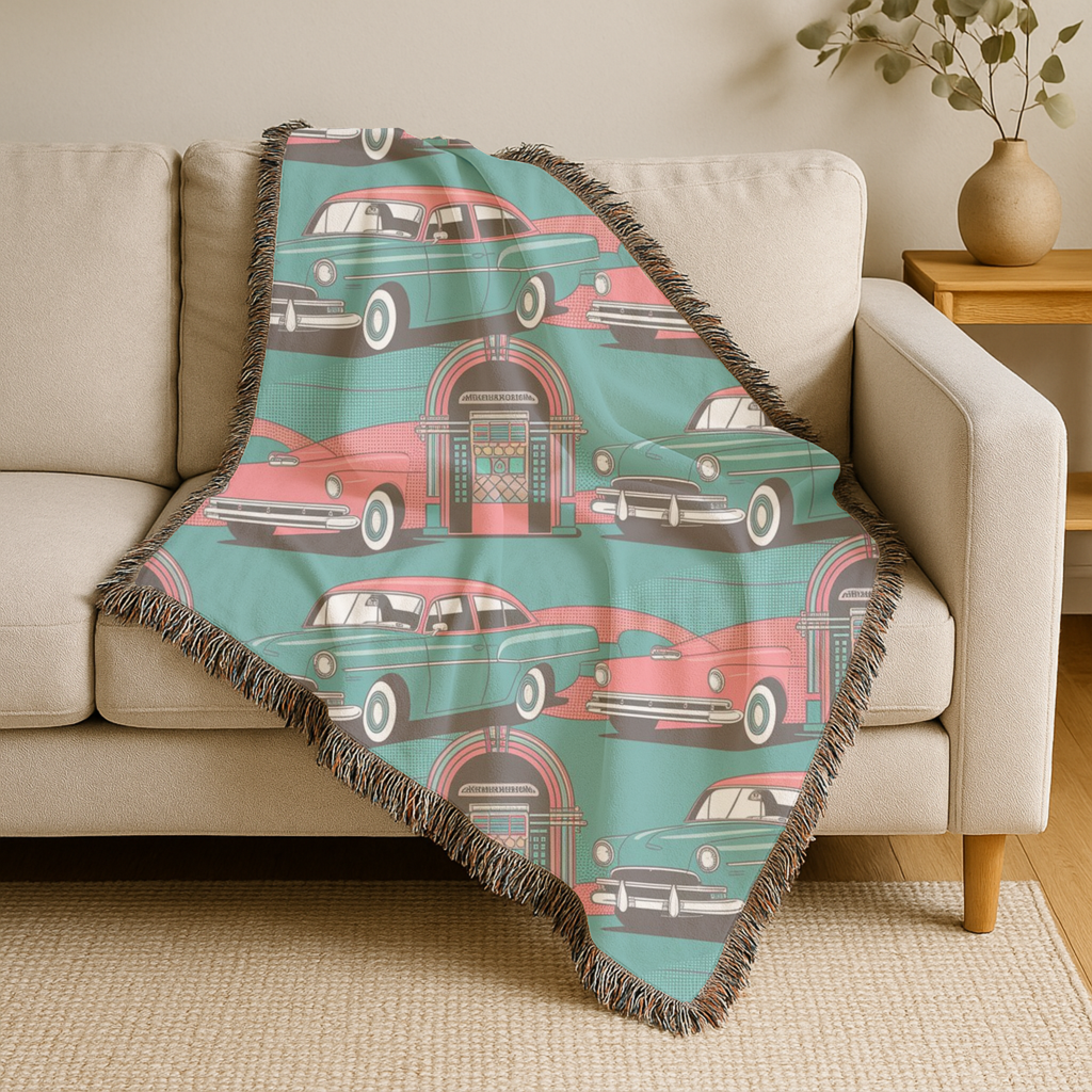 🎵 Rock Around Throw — 1950s Diner Jukebox Woven Blanket