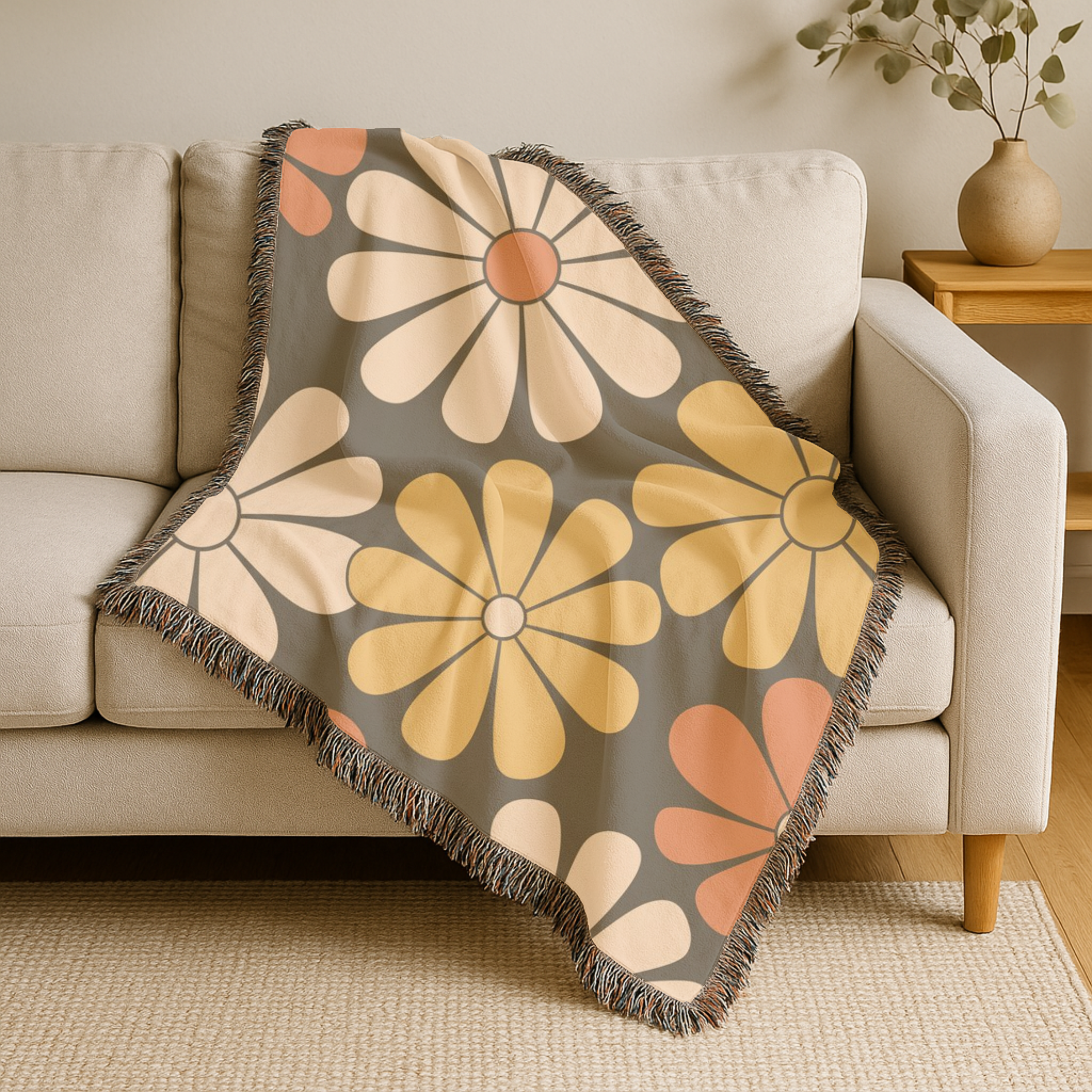 🌼  Retro Daisy Throw — 1970s Groovy Floral Woven Blanket