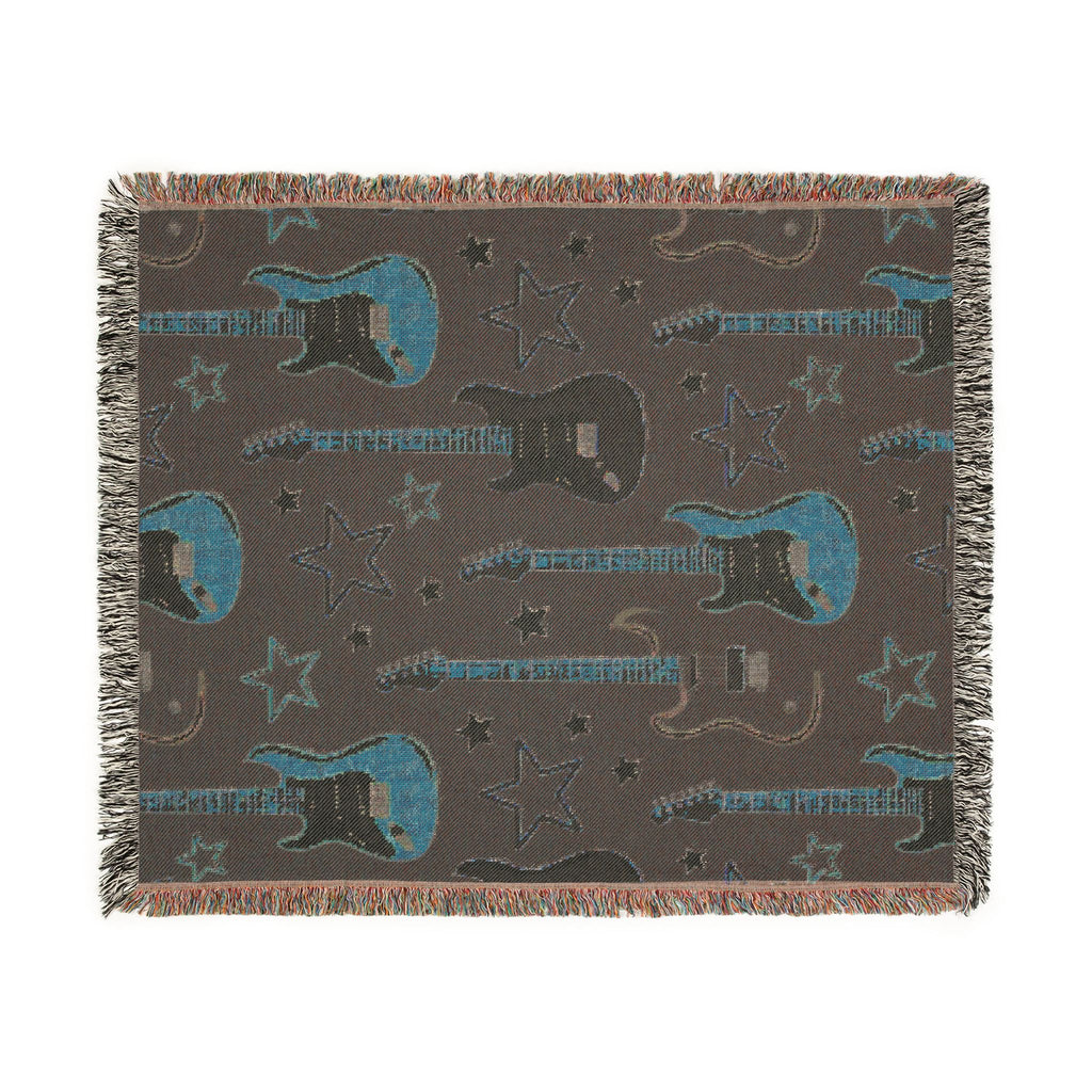 Woven Electric Guitar Throw Blanket | Pink Yellow Blue Black Stars, 1980s Rock Décor