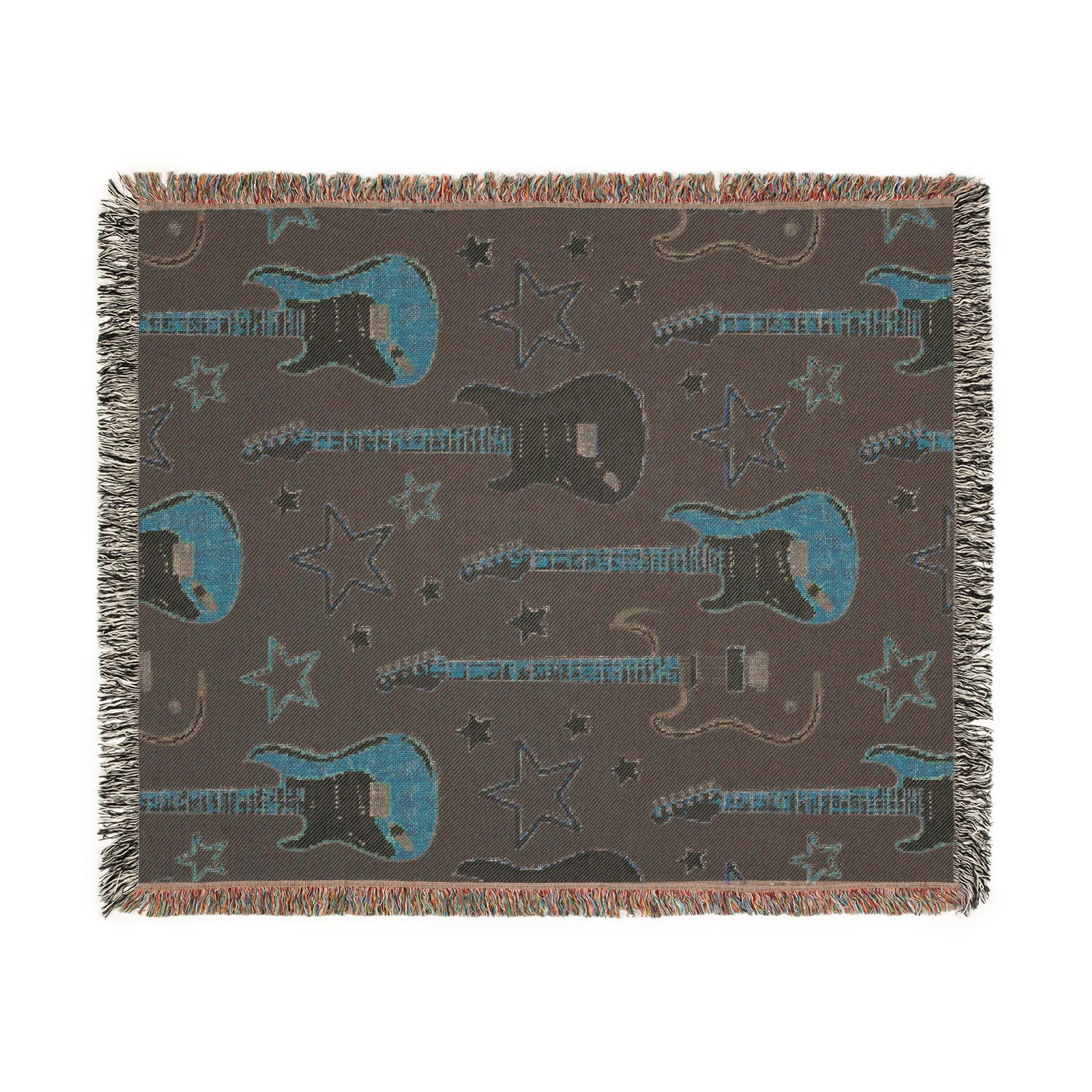 Woven Electric Guitar Throw Blanket | Pink Yellow Blue Black Stars, 1980s Rock Décor