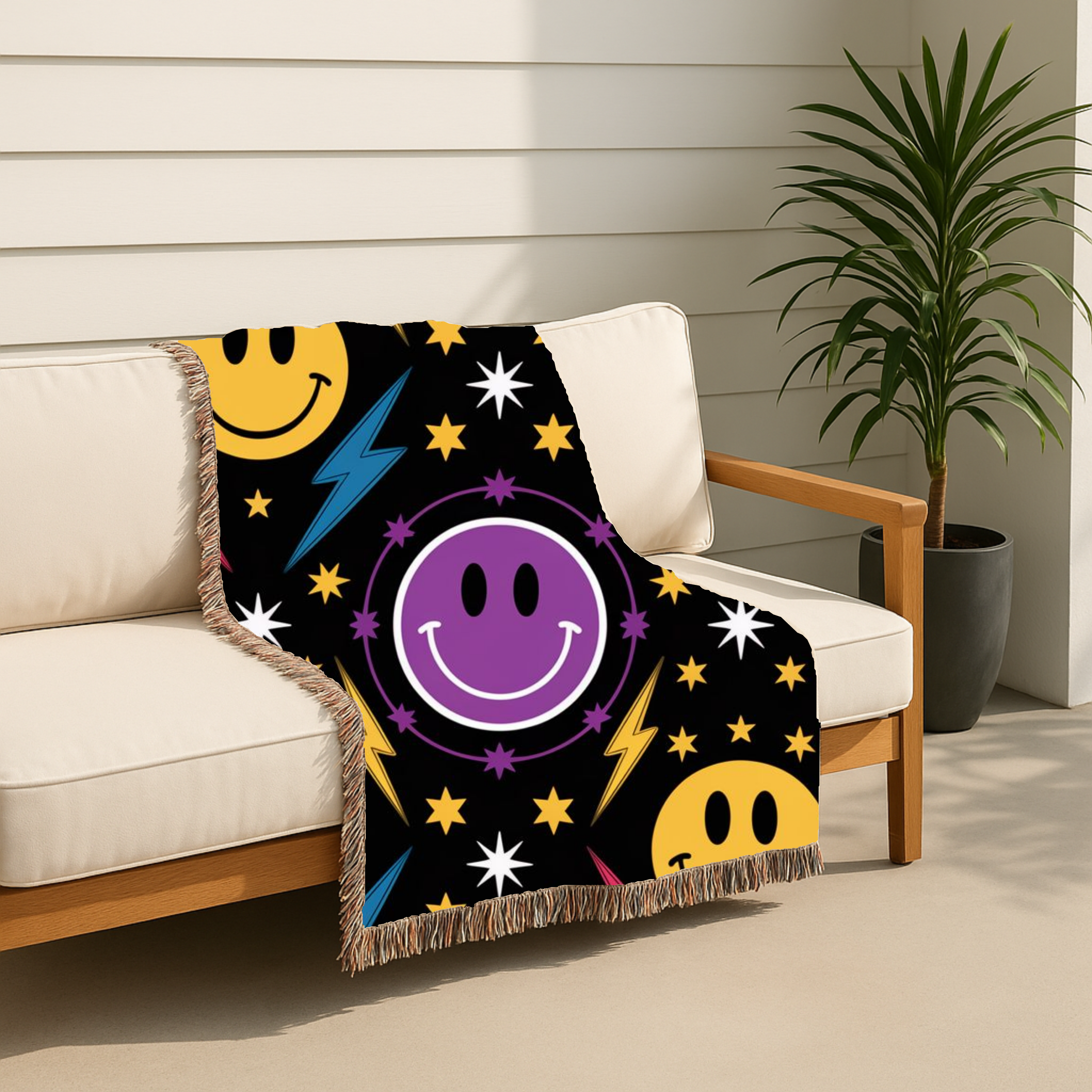 Bolts & Smiles Throw — 1990s Smiley & Lightning Woven Blanket