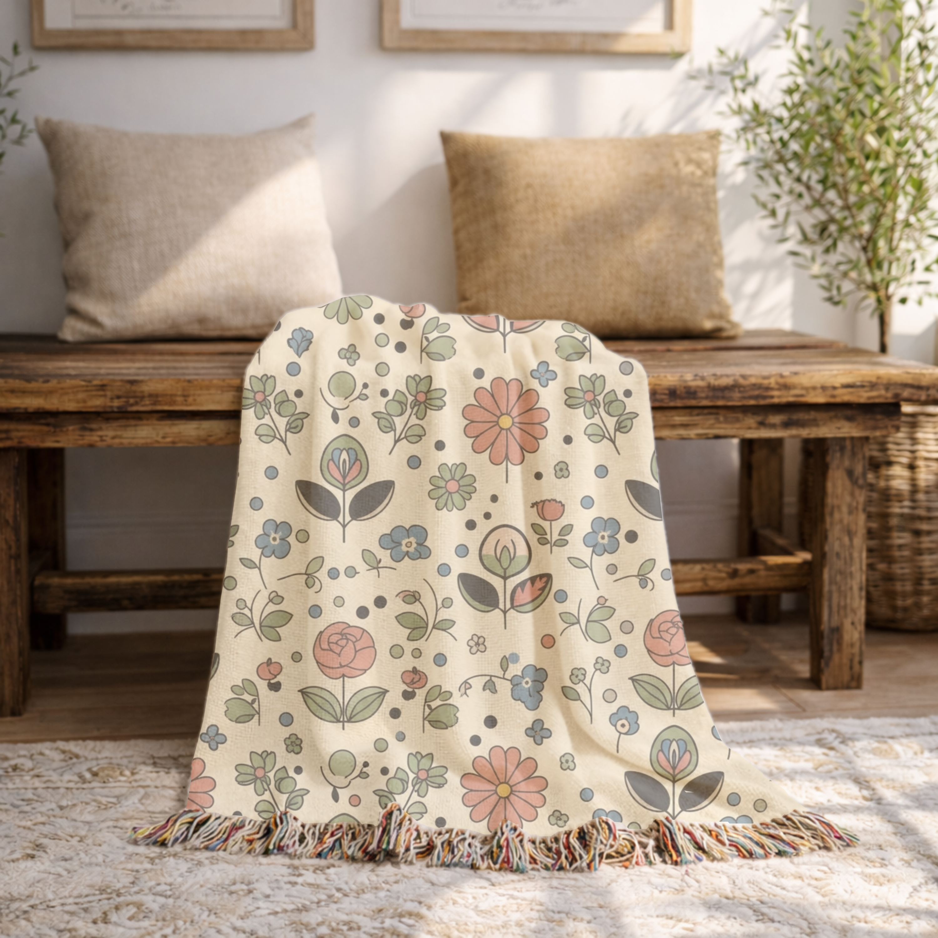 Meadow Ditsy Throw — 1940s Folk Floral Woven Blanket