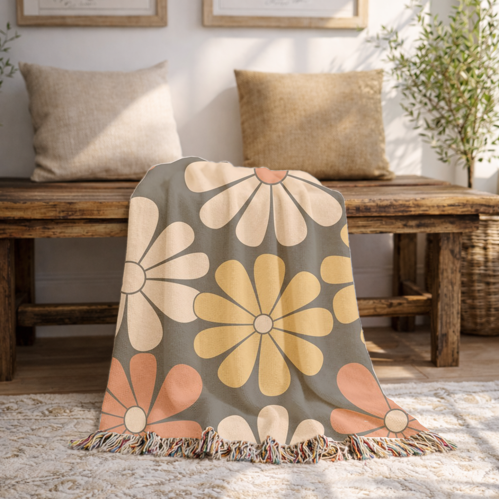 🌼  Retro Daisy Throw — 1970s Groovy Floral Woven Blanket