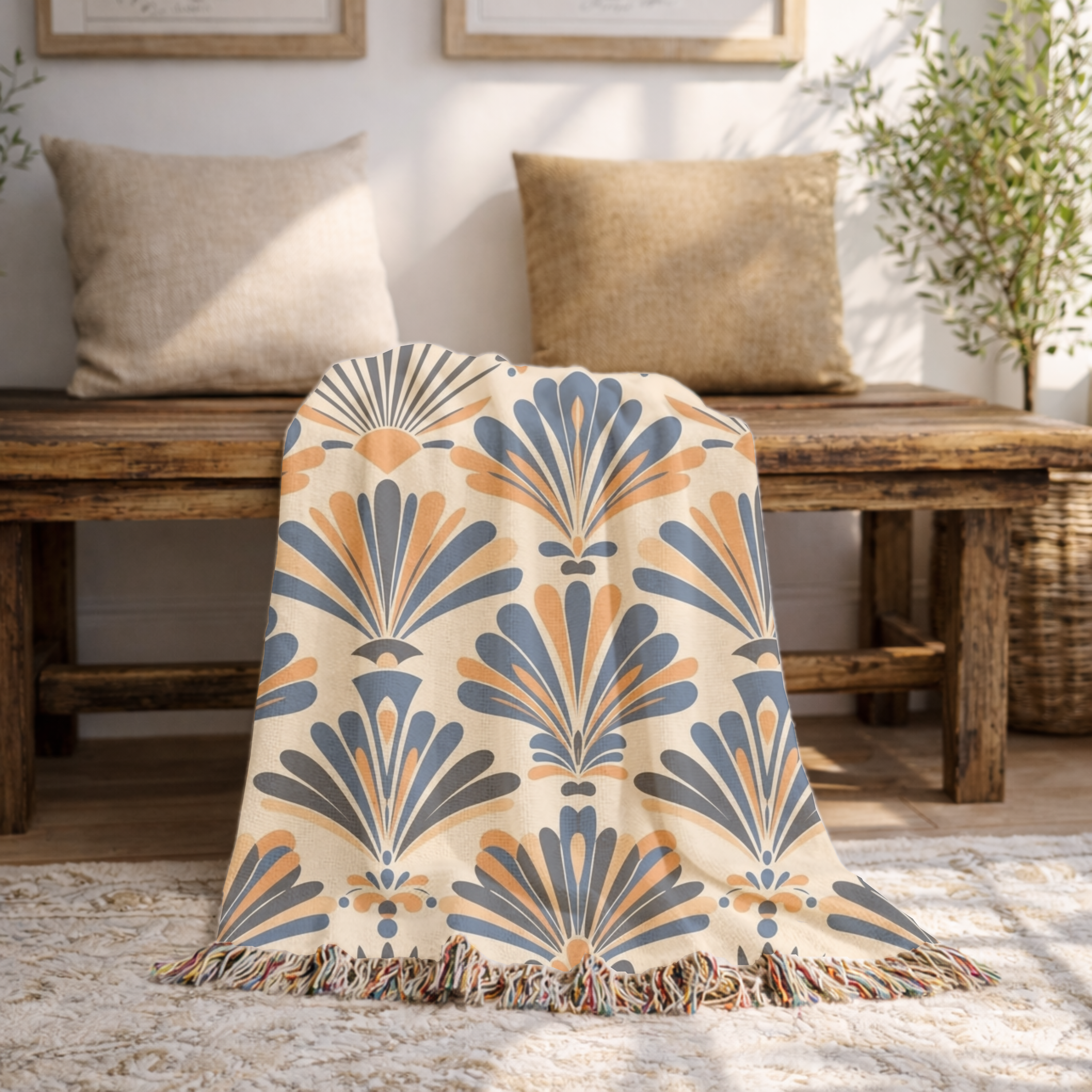 1940s Art Deco Fan Woven Blanket - 1940s Palmette Woven Blanket