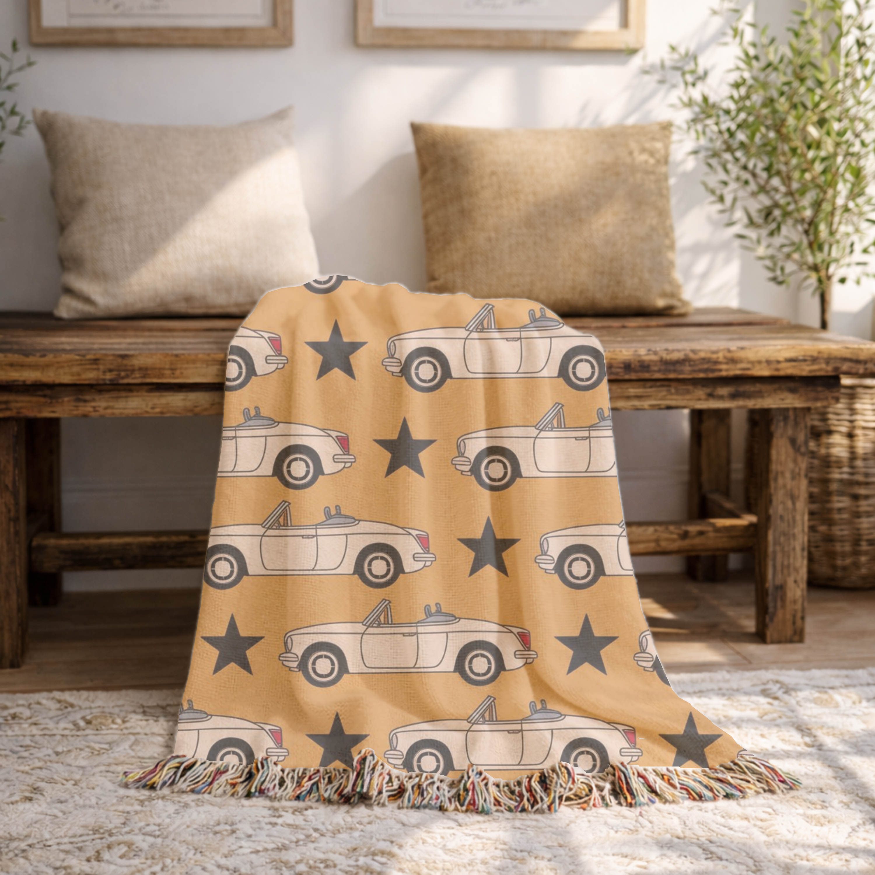 🚗 Top Down Throw — 1950s Convertible Star Woven Blanket