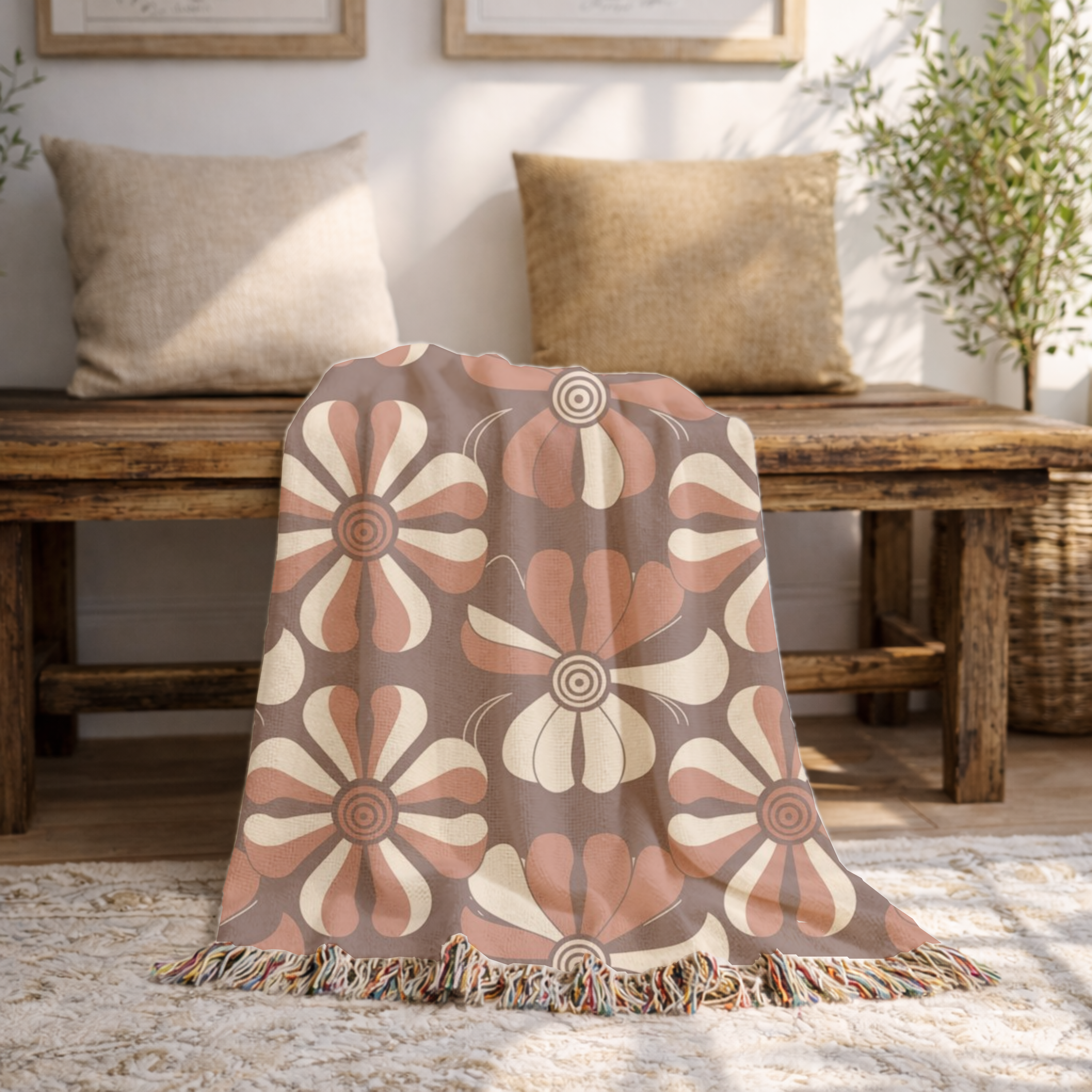 Velvet Bloom Throw — 1970s Stripe Petal Woven Blanket