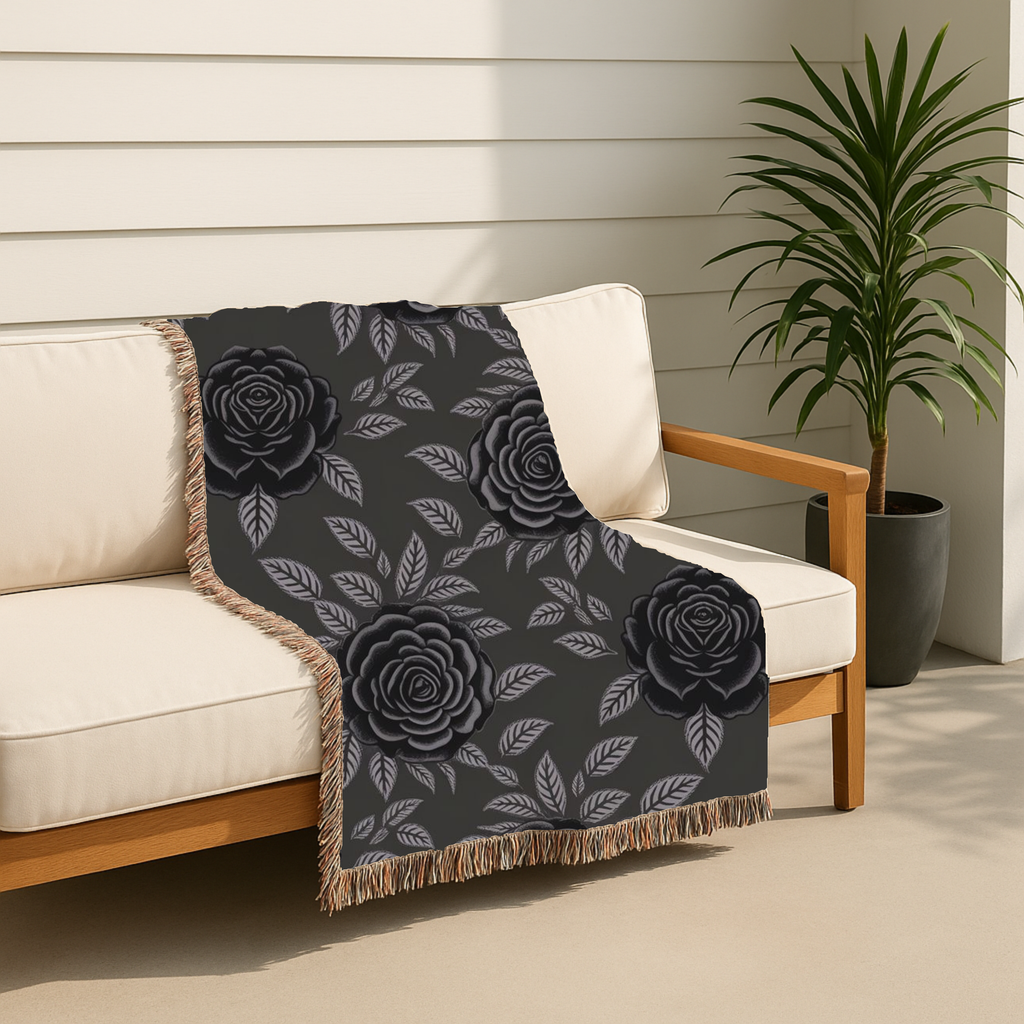 Midnight Rose Throw — 1990s Gothic Floral Woven Blanket
