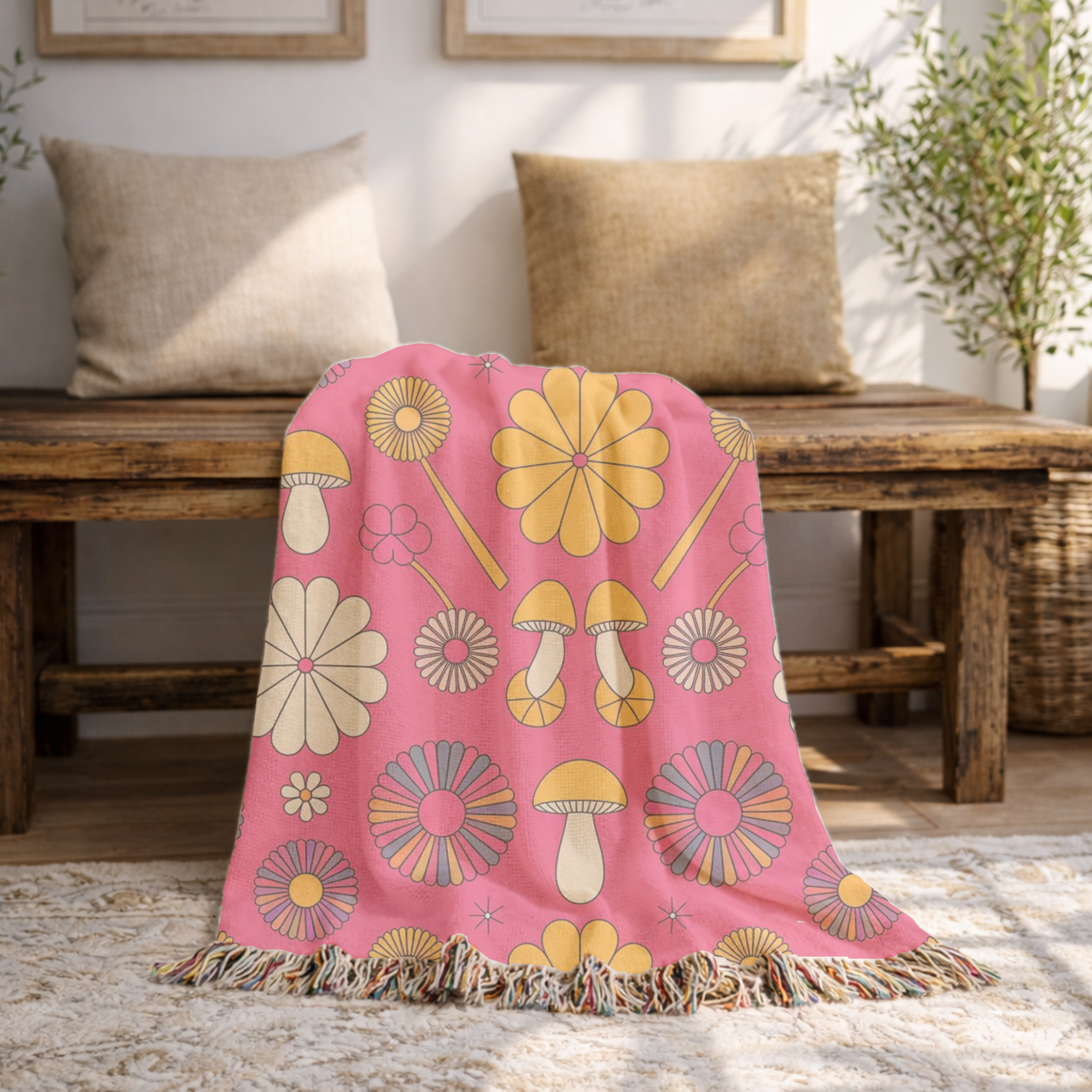 🌸 Groovy Garden Throw — 1960s Rainbow Flower Woven Blanket
