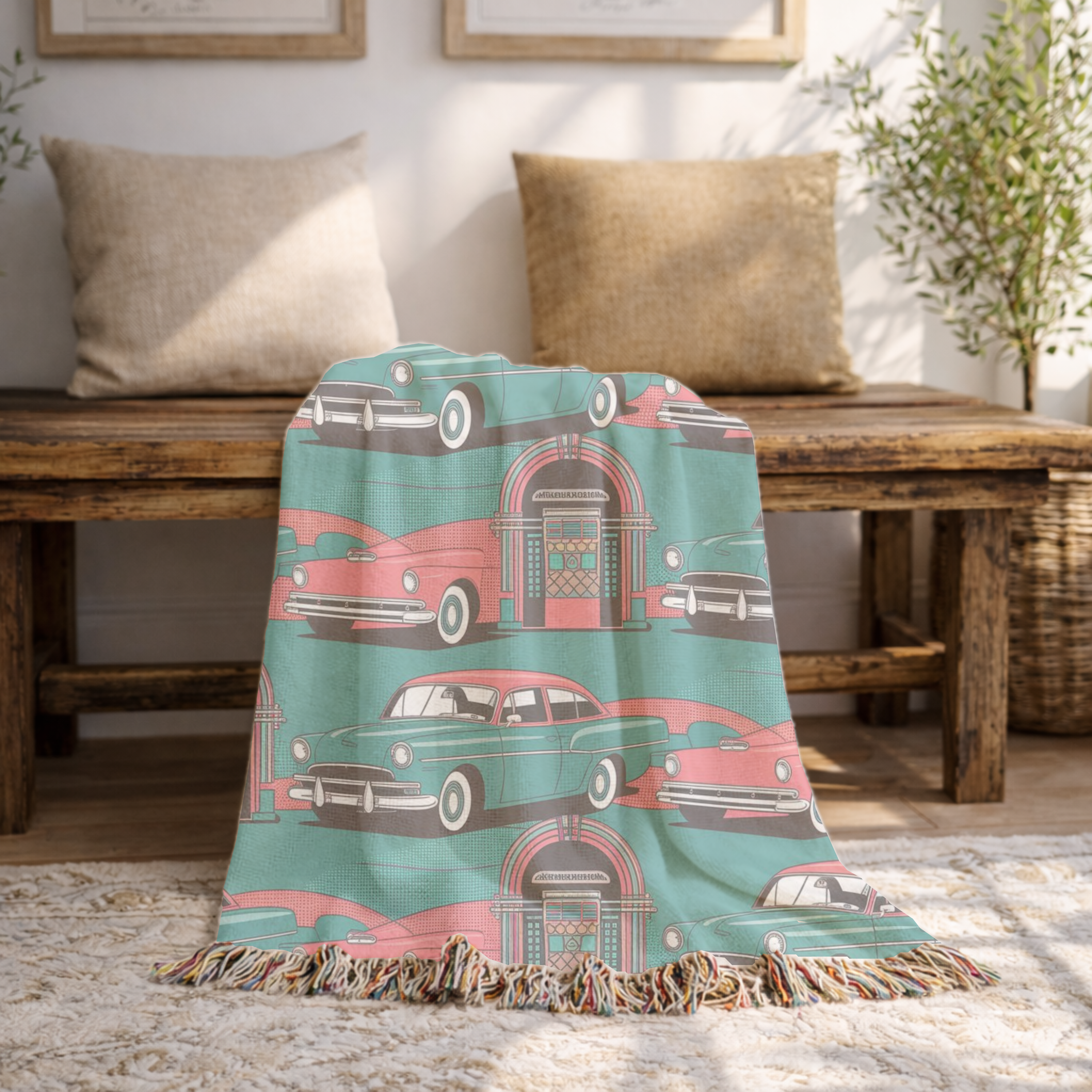 🎵 Rock Around Throw — 1950s Diner Jukebox Woven Blanket