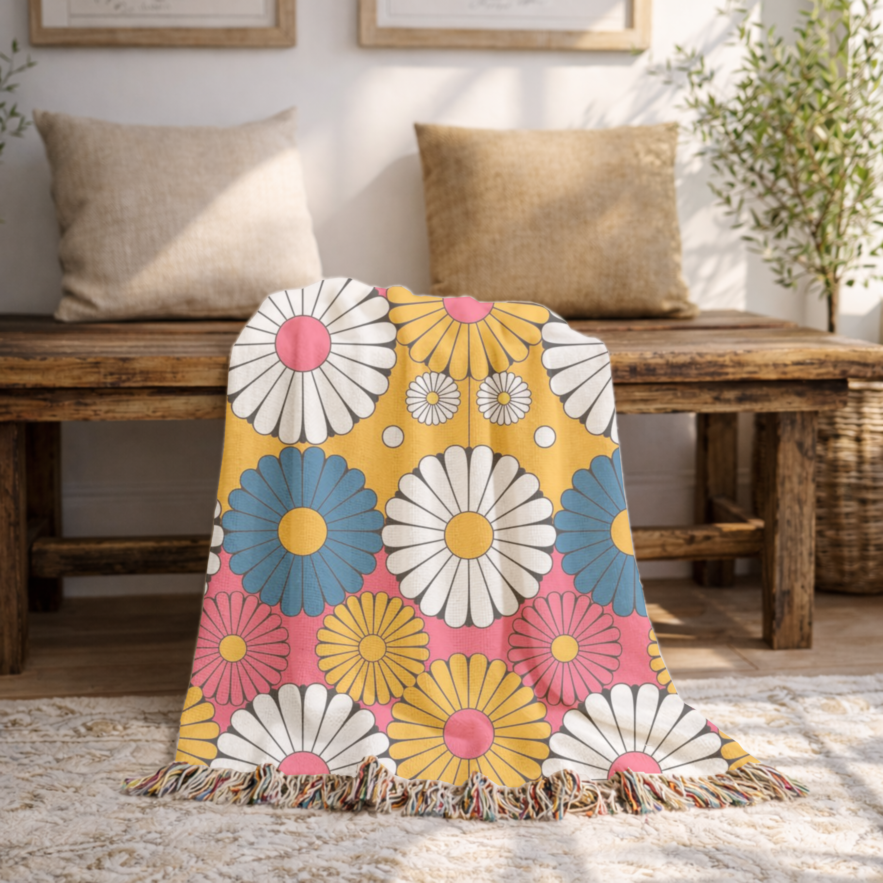 🌼  Mustard Daisy Throw — 1960s Mod Flower Woven Blanket