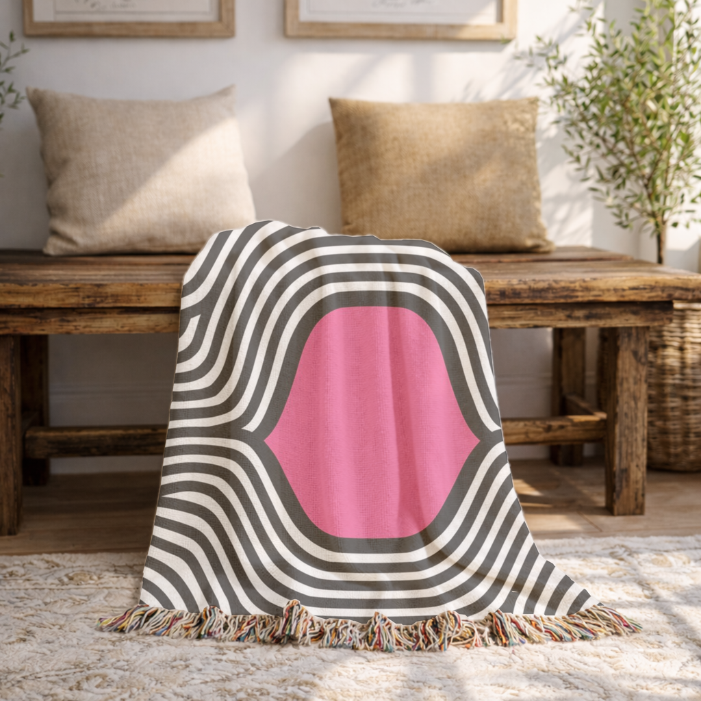 🩷 Pink Vortex Throw — 1960s Op Art Woven Blanket