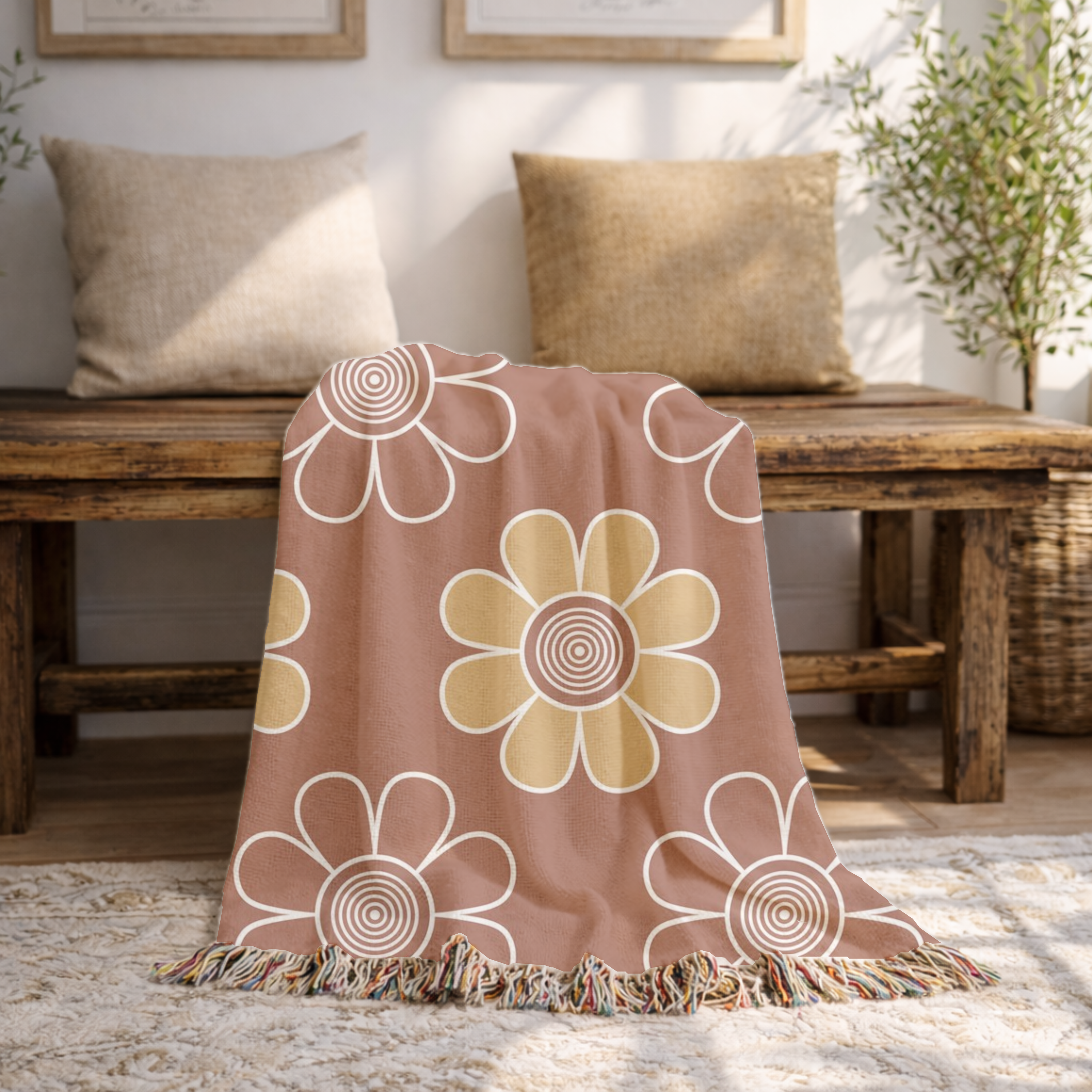 Spiral Daisy Throw — 1970s Retro Outline Woven Blanket