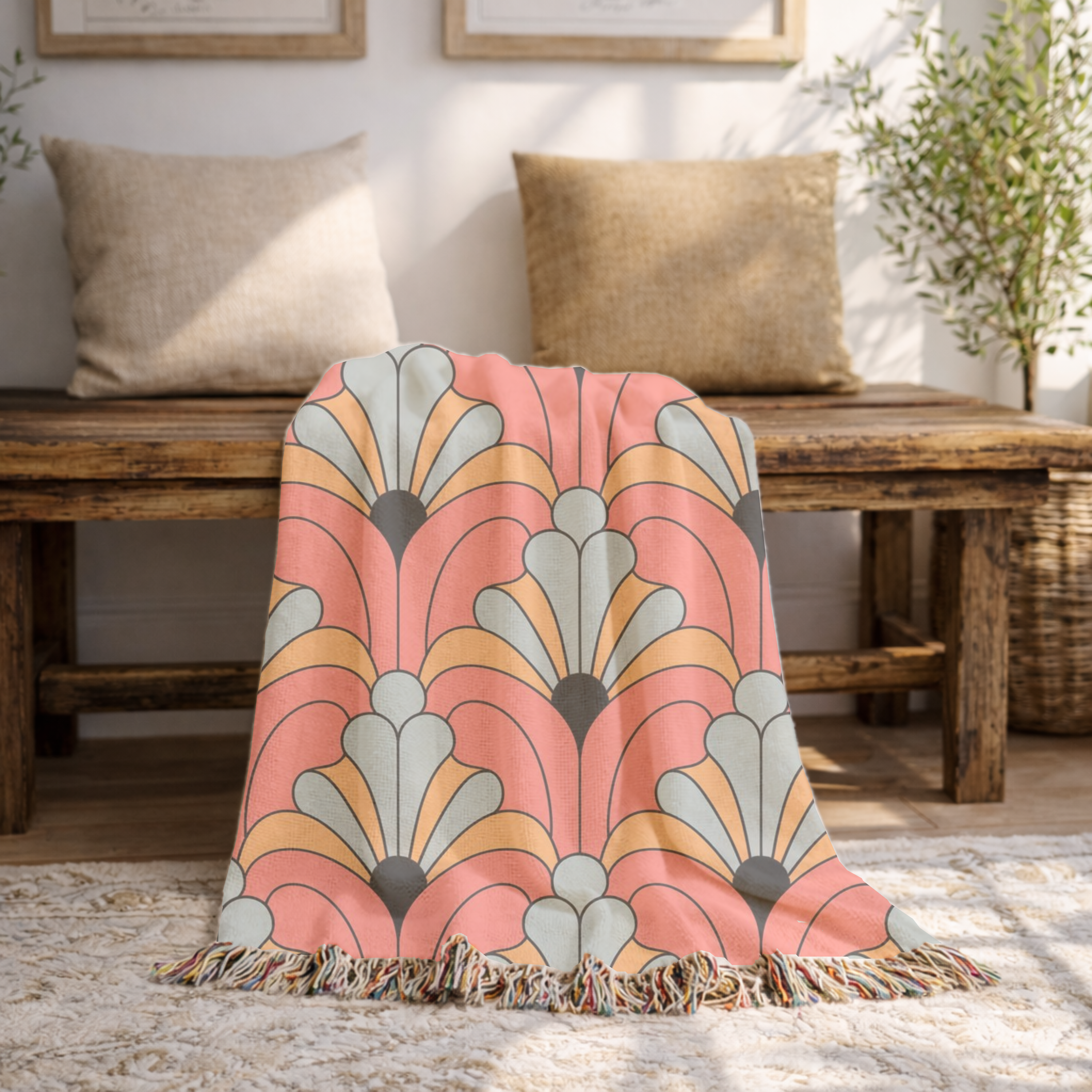 🧡 Groovy Fan Throw — 1960s Mod Scallop Woven Blanket