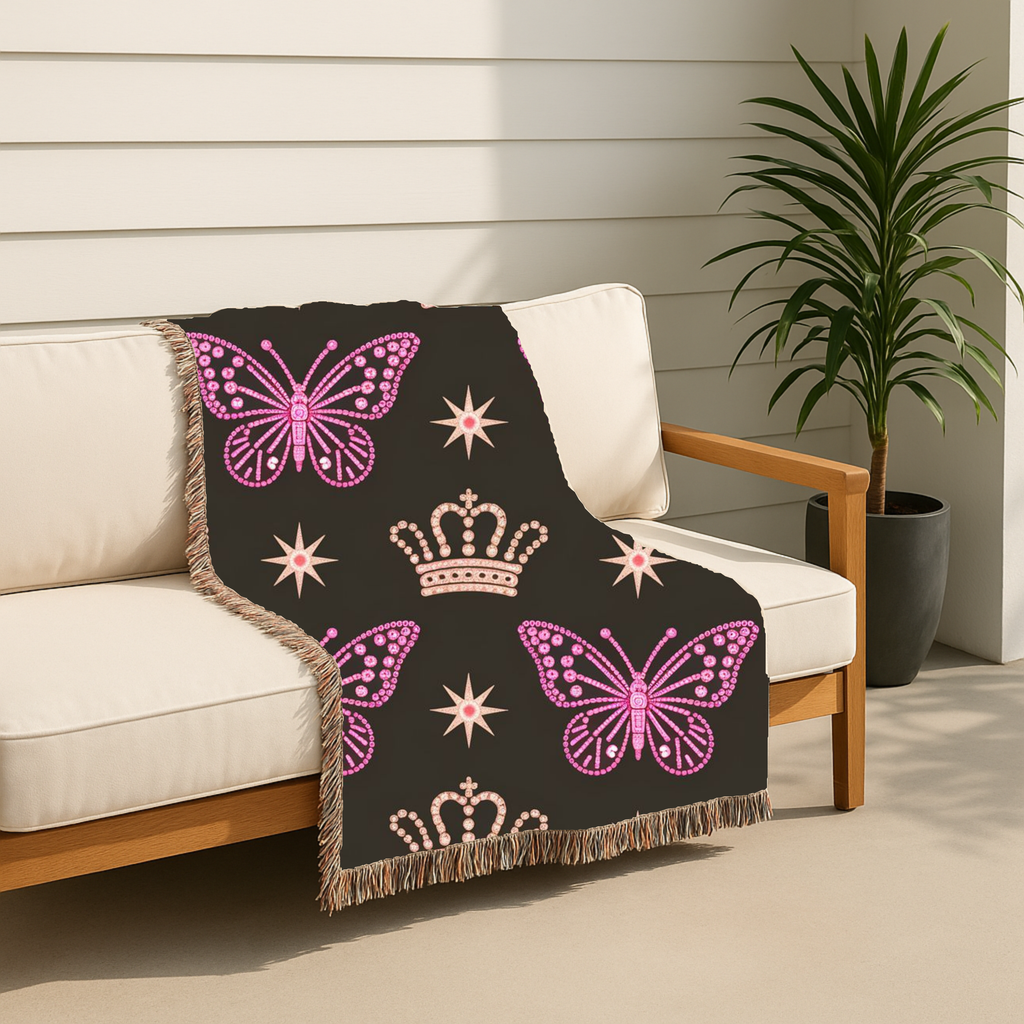 Crown & Wings Throw — 2000s Y2K Butterfly Crown Woven Blanket