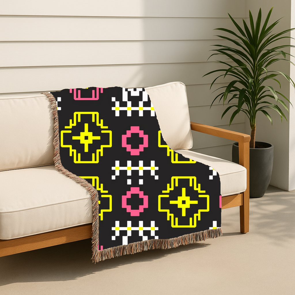 Pixel Bloom Throw — 1980s Arcade Neon Woven Blanket