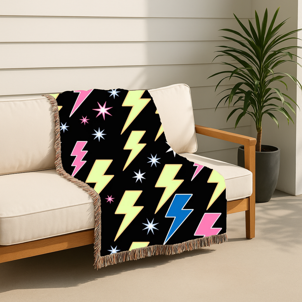 Lightning Strike Throw — 1980s Neon Bolt Woven Blanket