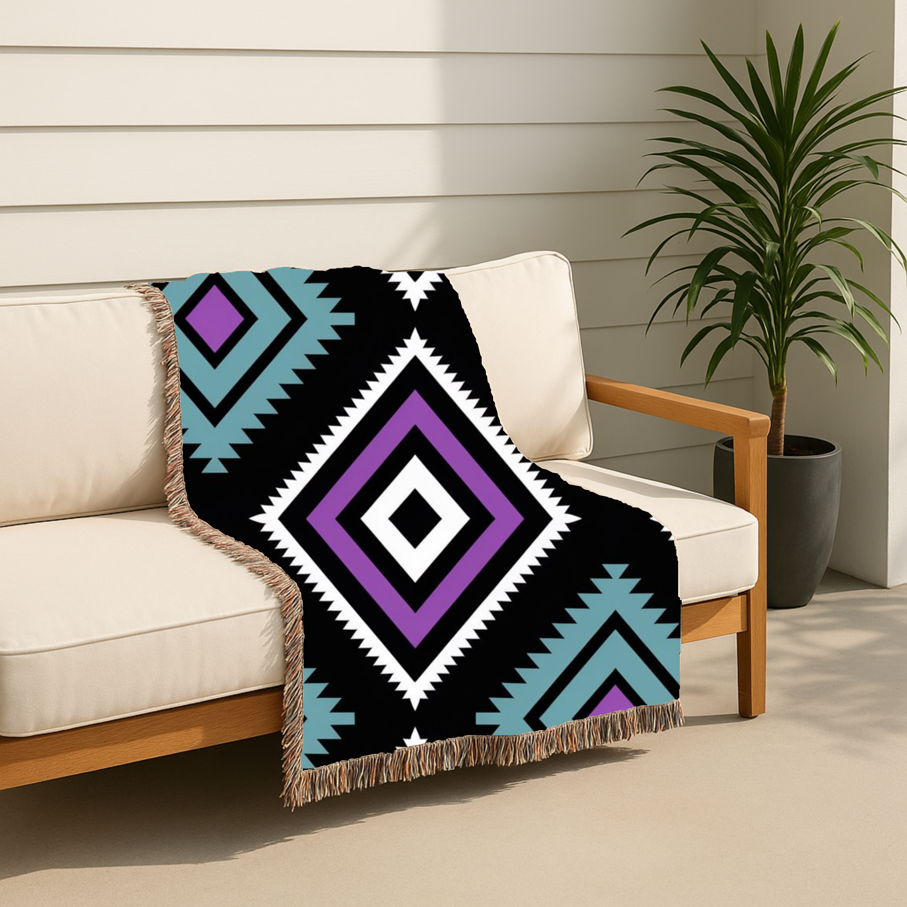 Neon Tribe Throw — 1990s Teal & Purple Geometric Woven Blanket