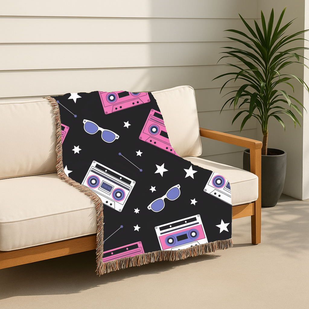 Mixtape Throw — 1980s Boombox & Cassette Woven Blanket