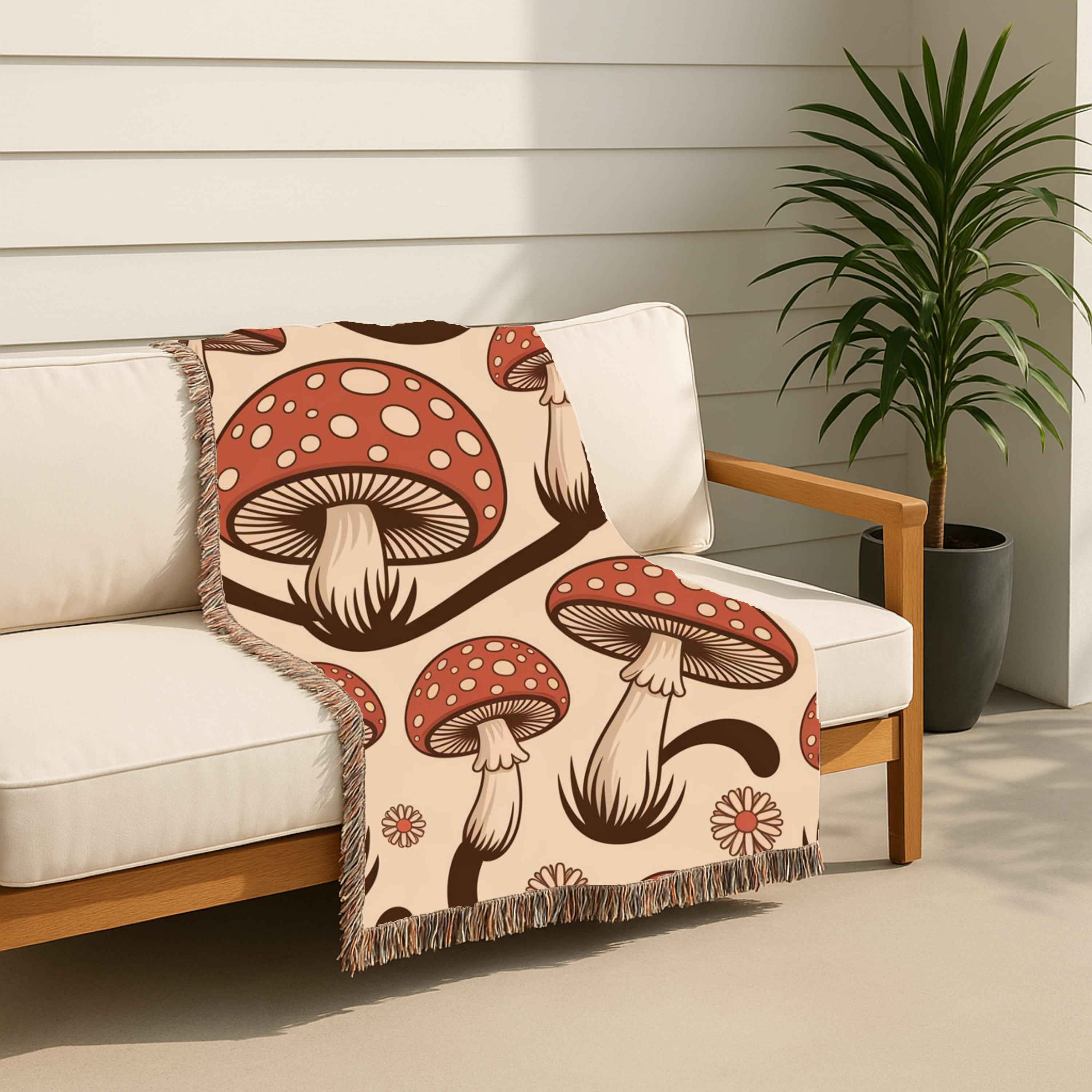 Forest Floor Throw — 1970s Woodland Mushroom Woven Blanket
