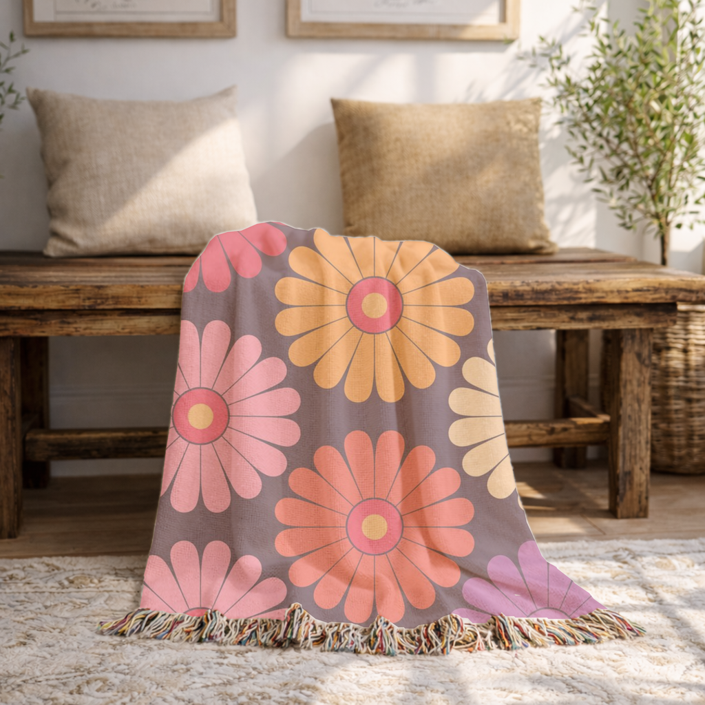 🌼 Velvet Daisy Throw — 1960s Flower Power Woven Blanket