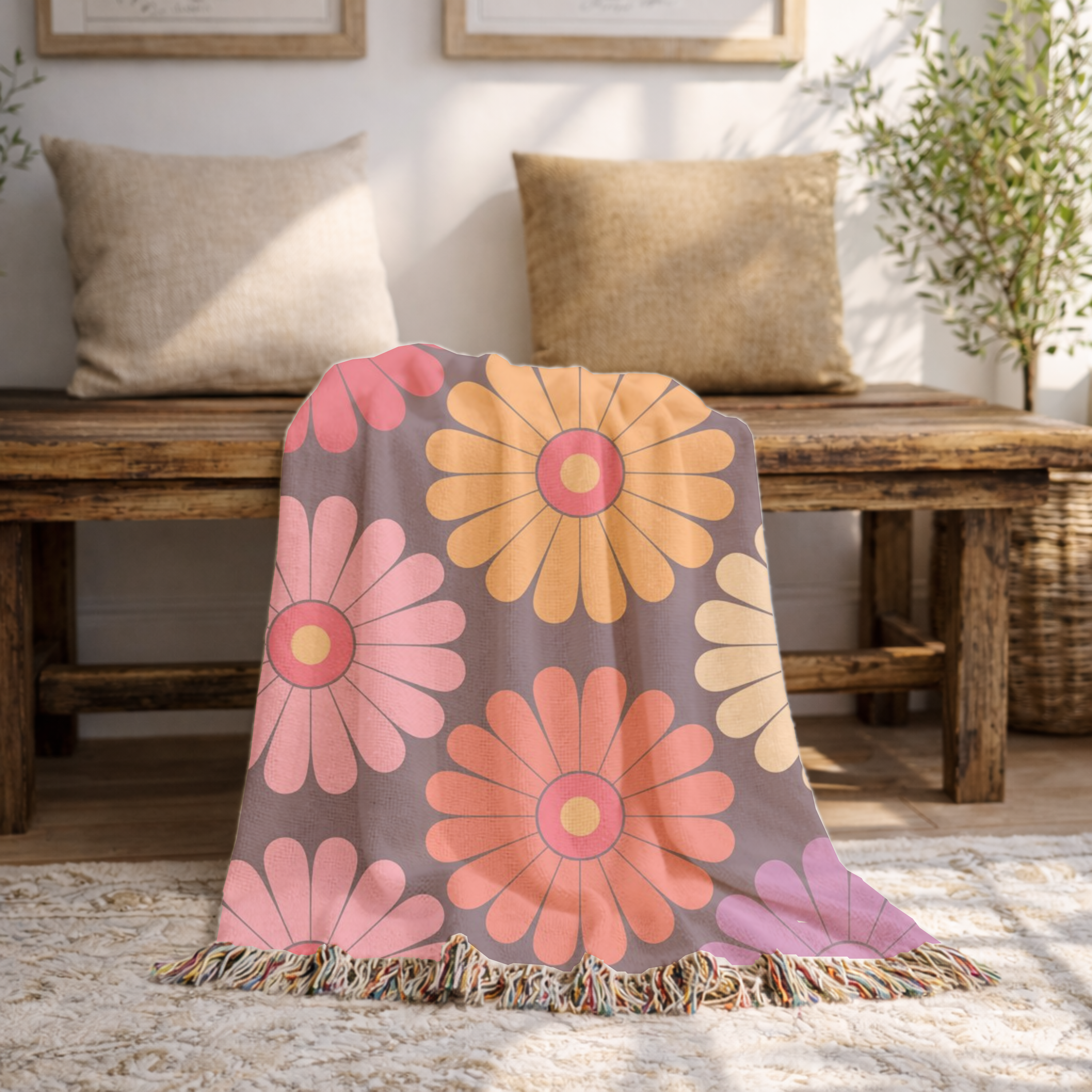 🌼 Velvet Daisy Throw — 1960s Flower Power Woven Blanket