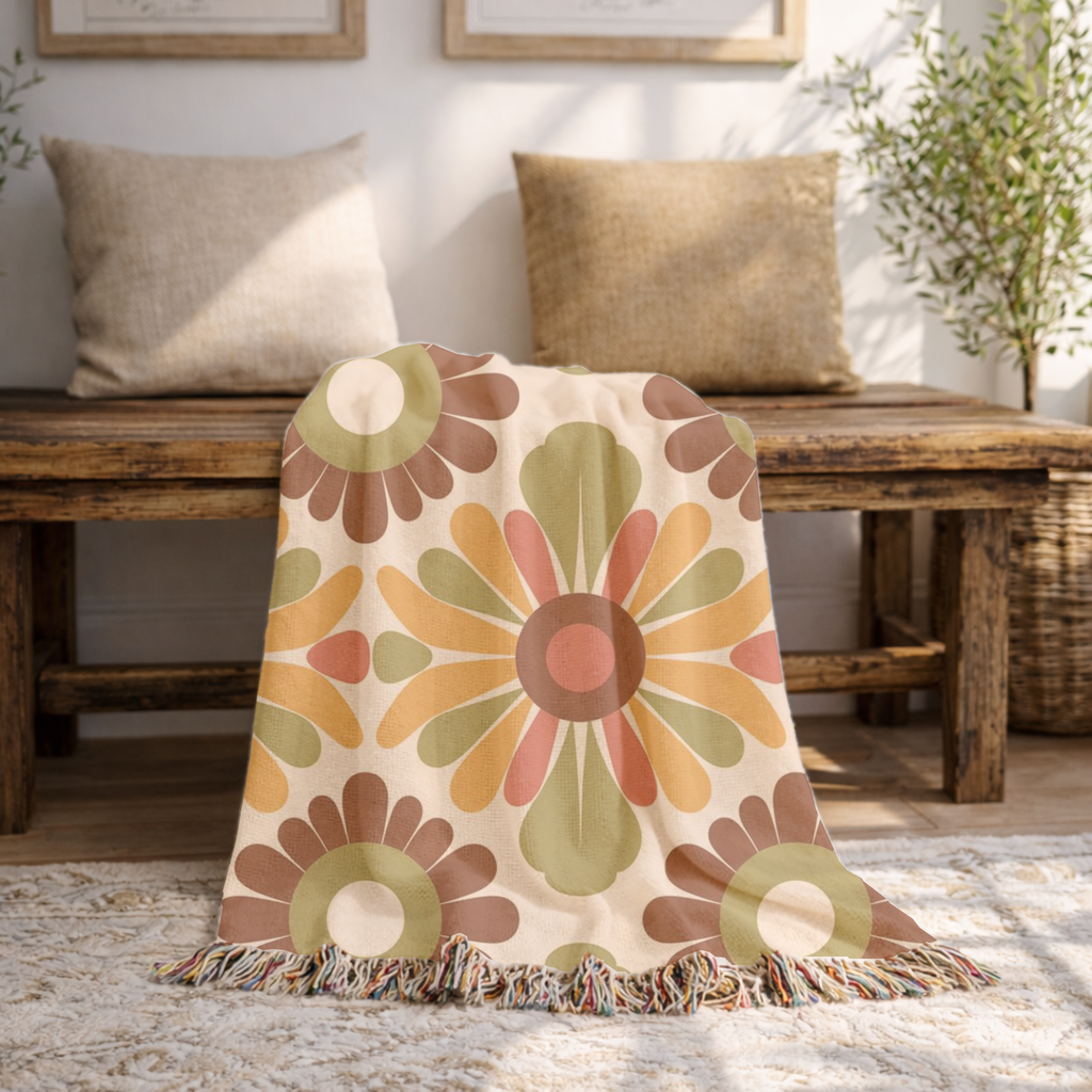 🌼 🌻  Harvest Medallion Throw — 1970s Folk Floral Woven Blanket