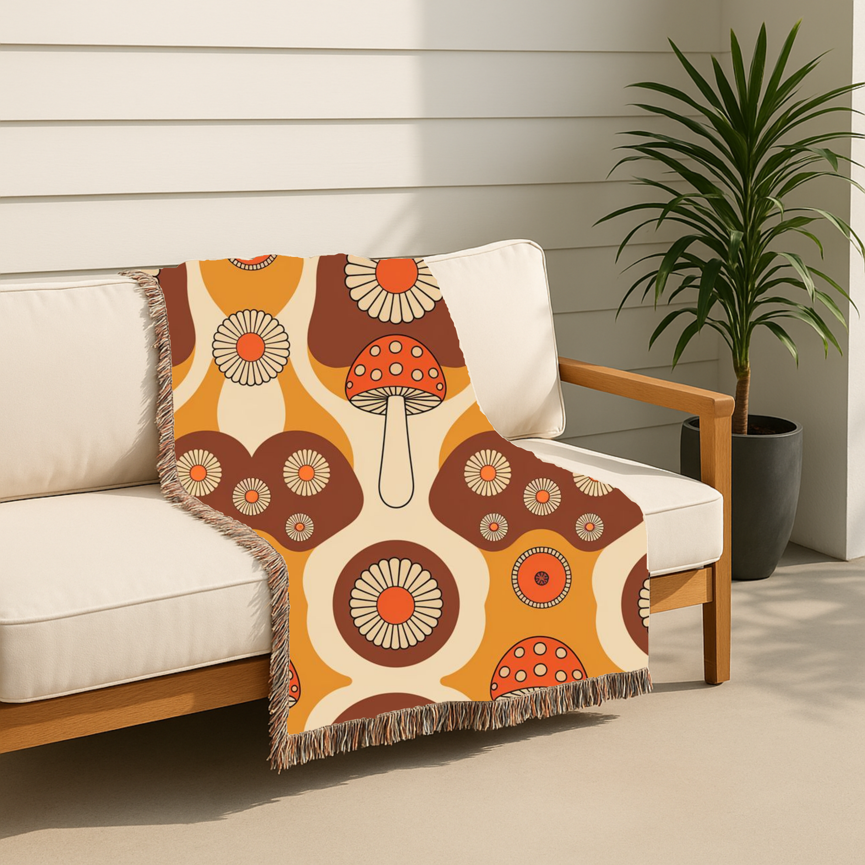Mushroom Garden Throw — 1970s Retro Fungi Woven Blanket
