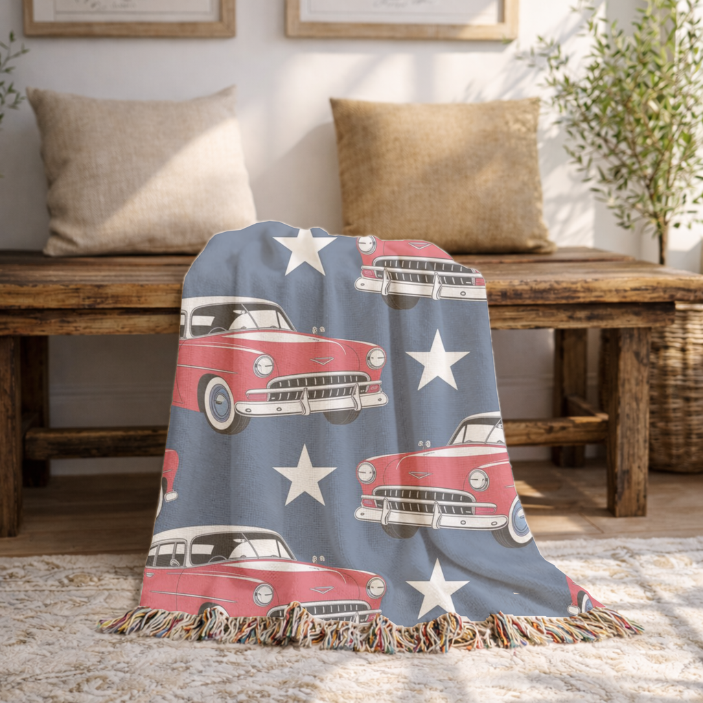 🚗 Cruisin' Throw — 1950s Classic American Car Woven Blanket
