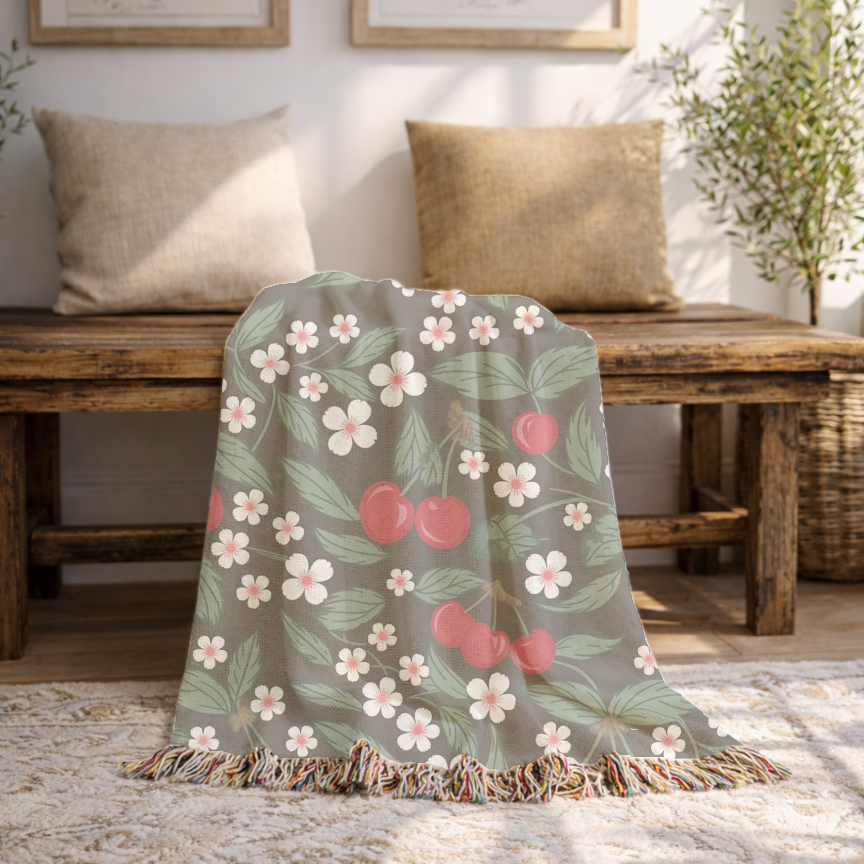 🍒 Cherry Blossom Throw -  1950s Vintage Kitchen Woven Blanket