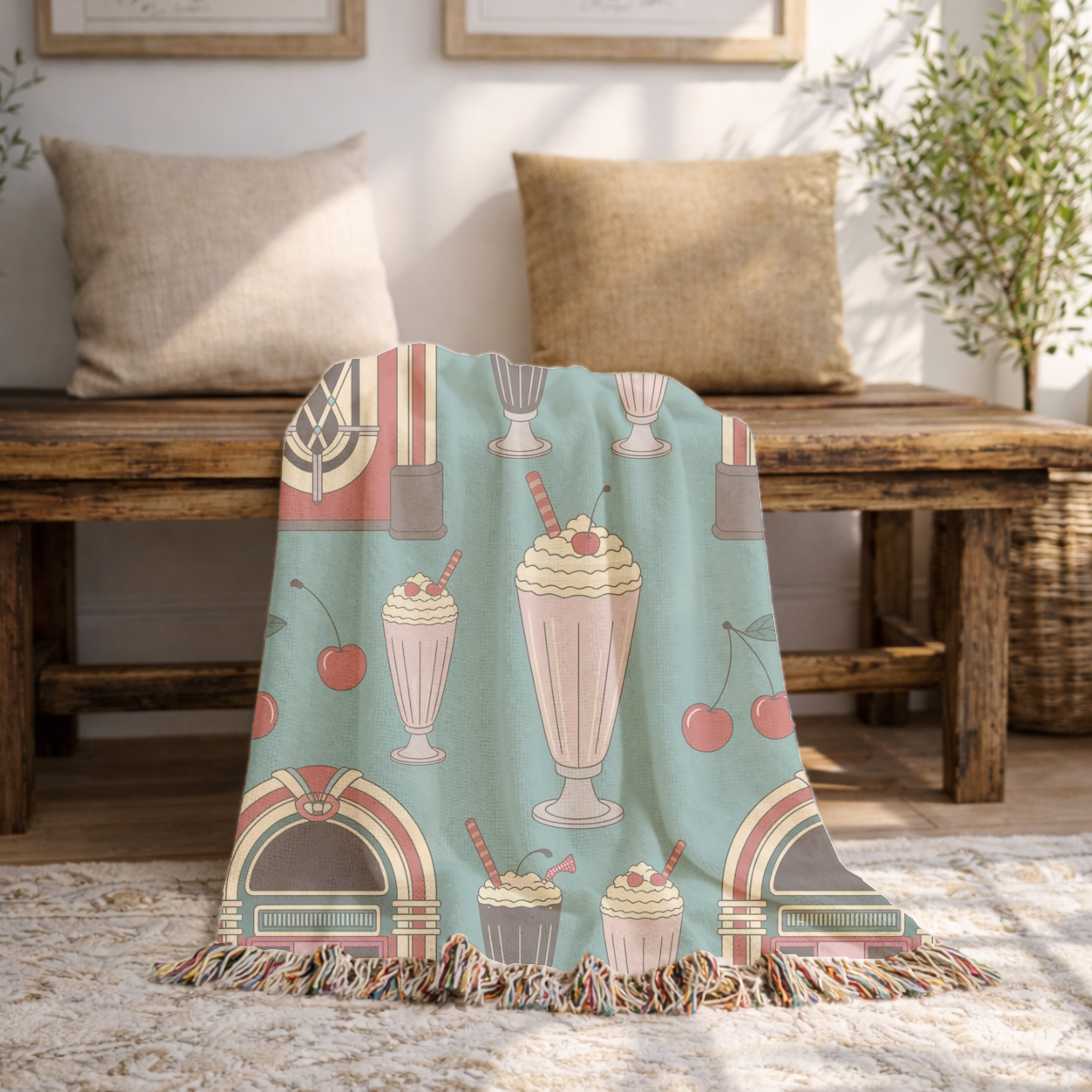 🎵🥤Vanilla Diner Throw — 1950s Jukebox Woven Blanket