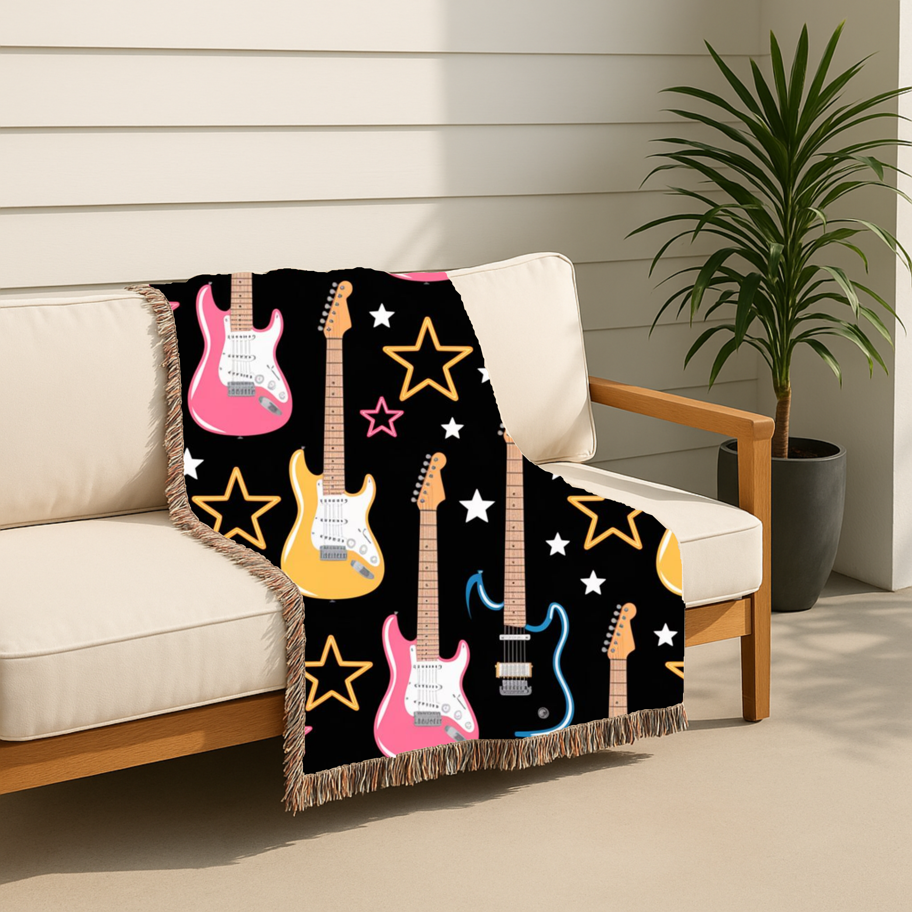 Woven Electric Guitar Throw Blanket | Pink Yellow Blue Black Stars, 1980s Rock Décor