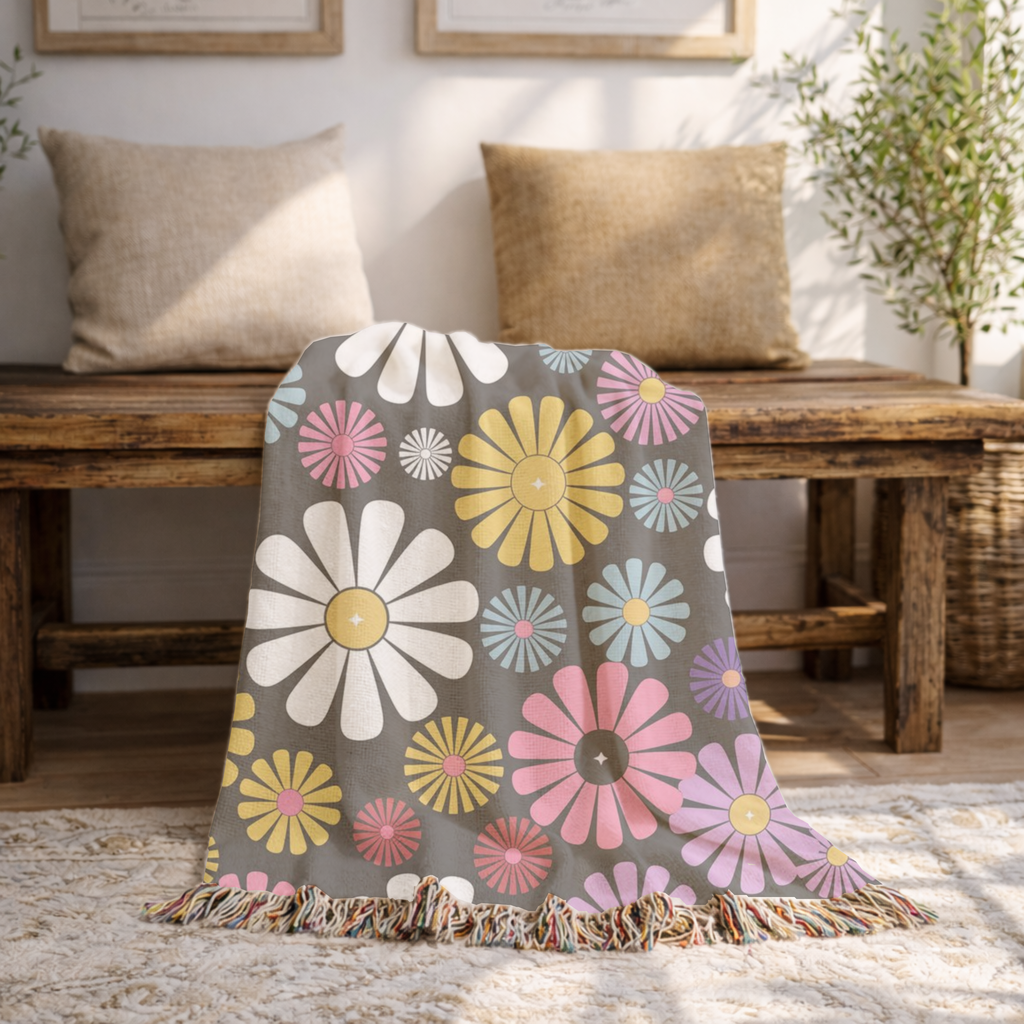 🌸 Flower Power Throw — 1960s Daisy Woven Blanket
