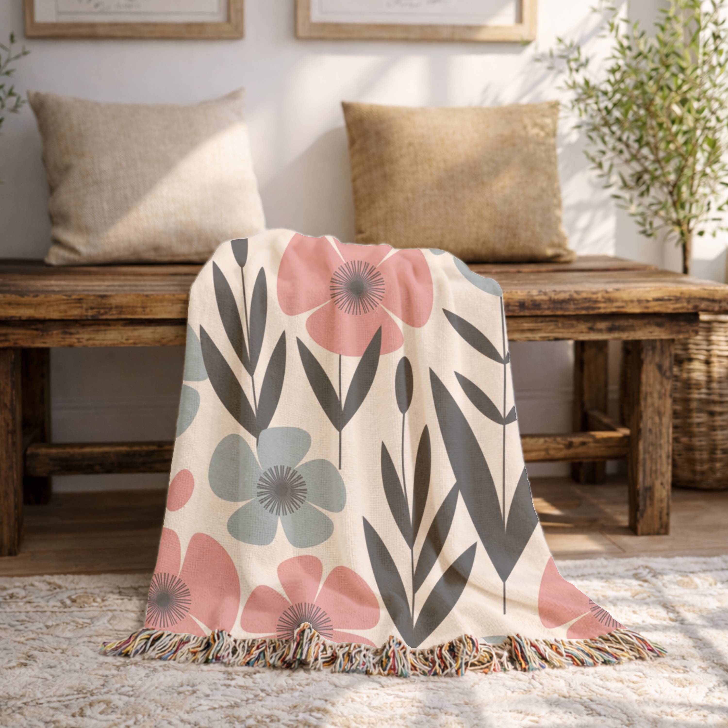 🌸 Nordic Bloom Throw — 1950s Scandinavian Floral Woven Blanket