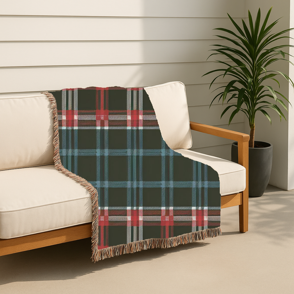 Electric Tartan Throw — 1990s Teal & Red Plaid Woven Blanket
