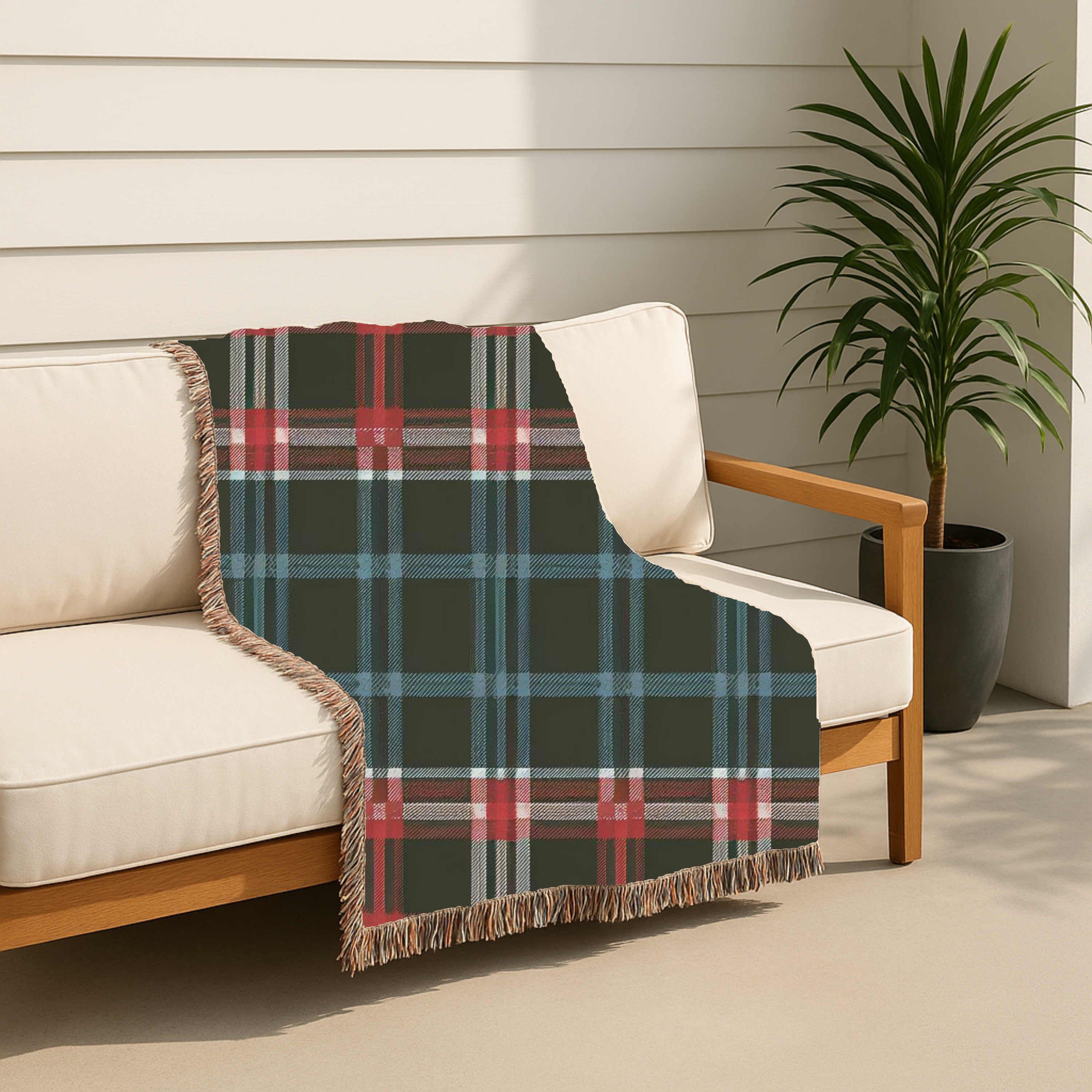 Electric Tartan Throw — 1990s Teal & Red Plaid Woven Blanket